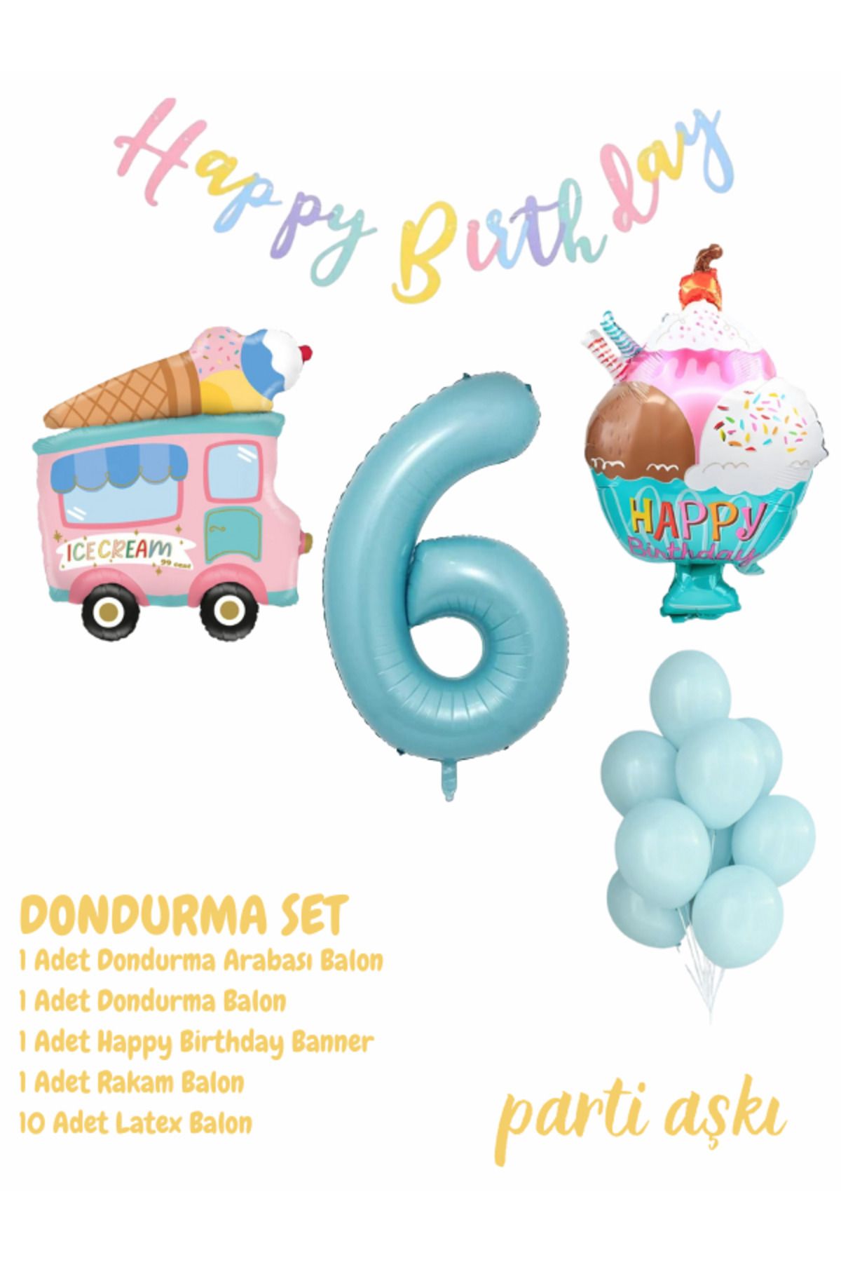 PARTİ AŞKI 1 Yaş Dondurma Temalı 5'li Balon Seti & Erkek Çocuk, Bebek Ice Cream Yaz Konsepti Doğum Günü Partisi