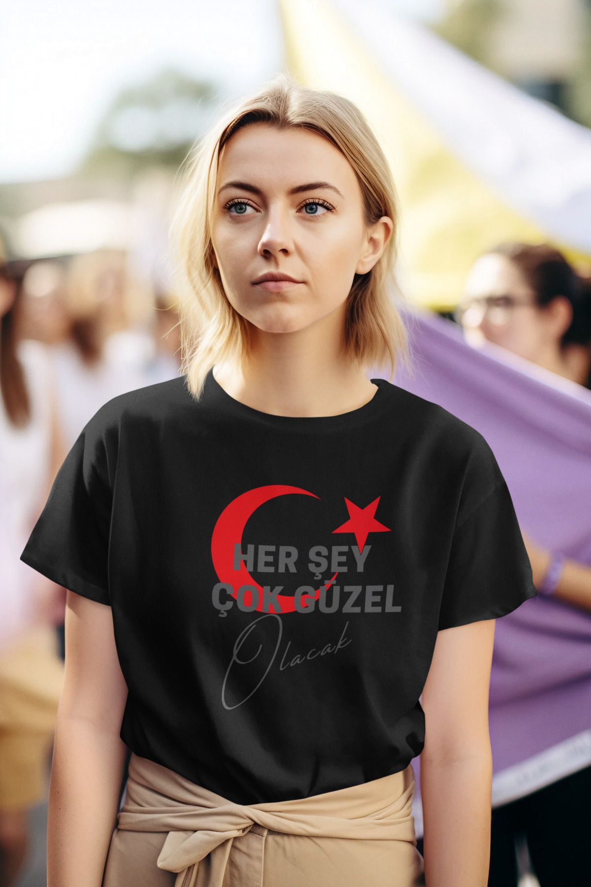 printtmade HER ŞEY ÇOK GÜZEL OLACAK Bisiklet Yaka Yüksek Kalite Baskılı Siyah T-Shirt