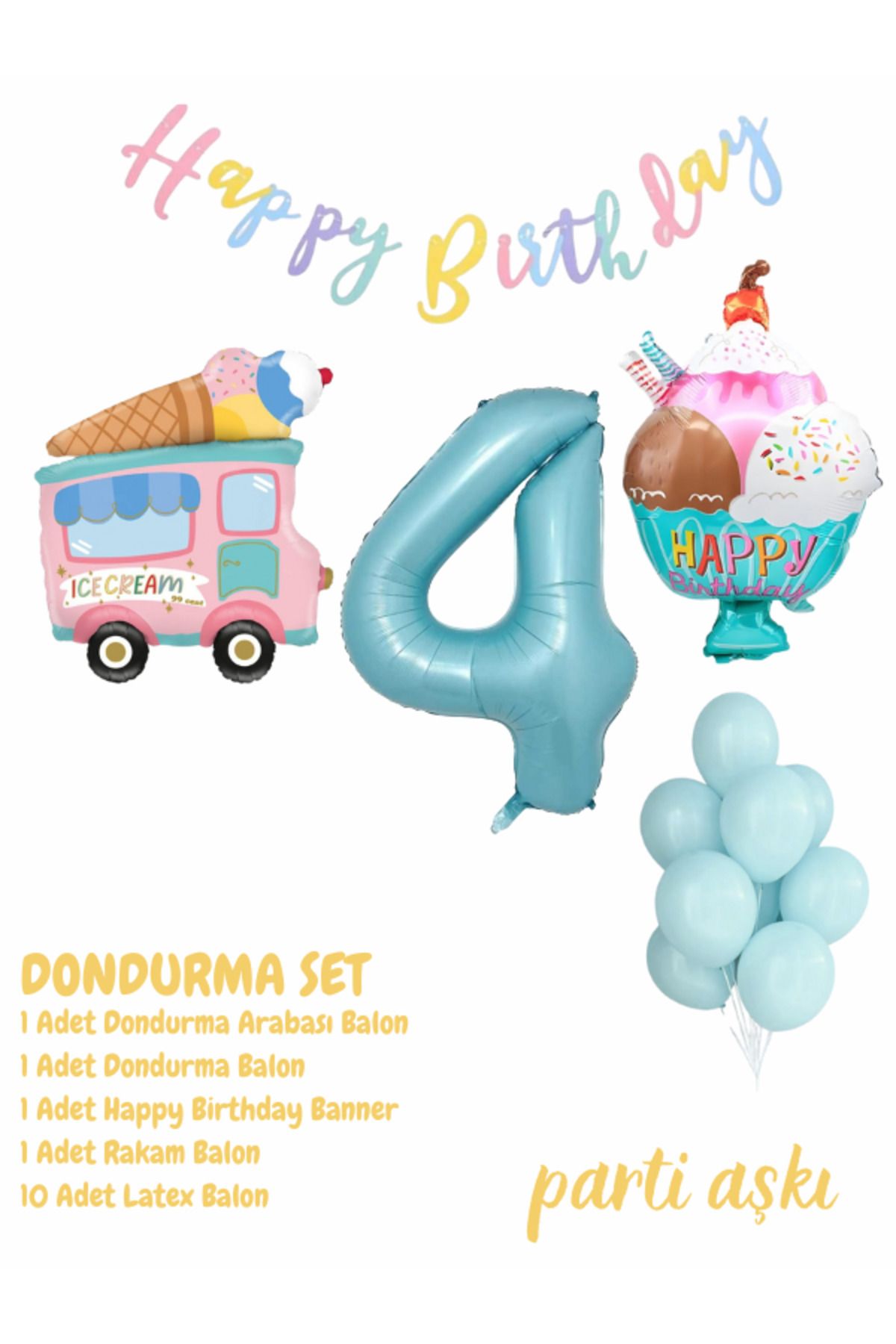 PARTİ AŞKI 1 Yaş Dondurma Temalı 5'li Balon Seti & Erkek Çocuk, Bebek Ice Cream Yaz Konsepti Doğum Günü Partisi