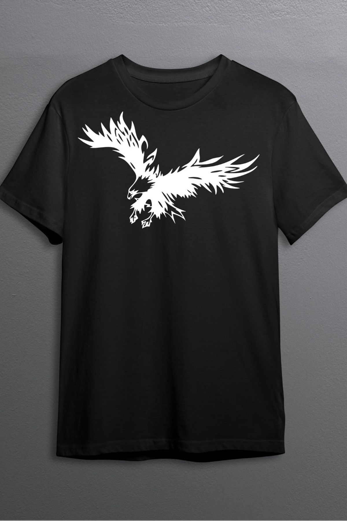 MLH STORE Kartal Pamuklu Likralı T-shirt (Beyaz Desenli Siyah) L Beden