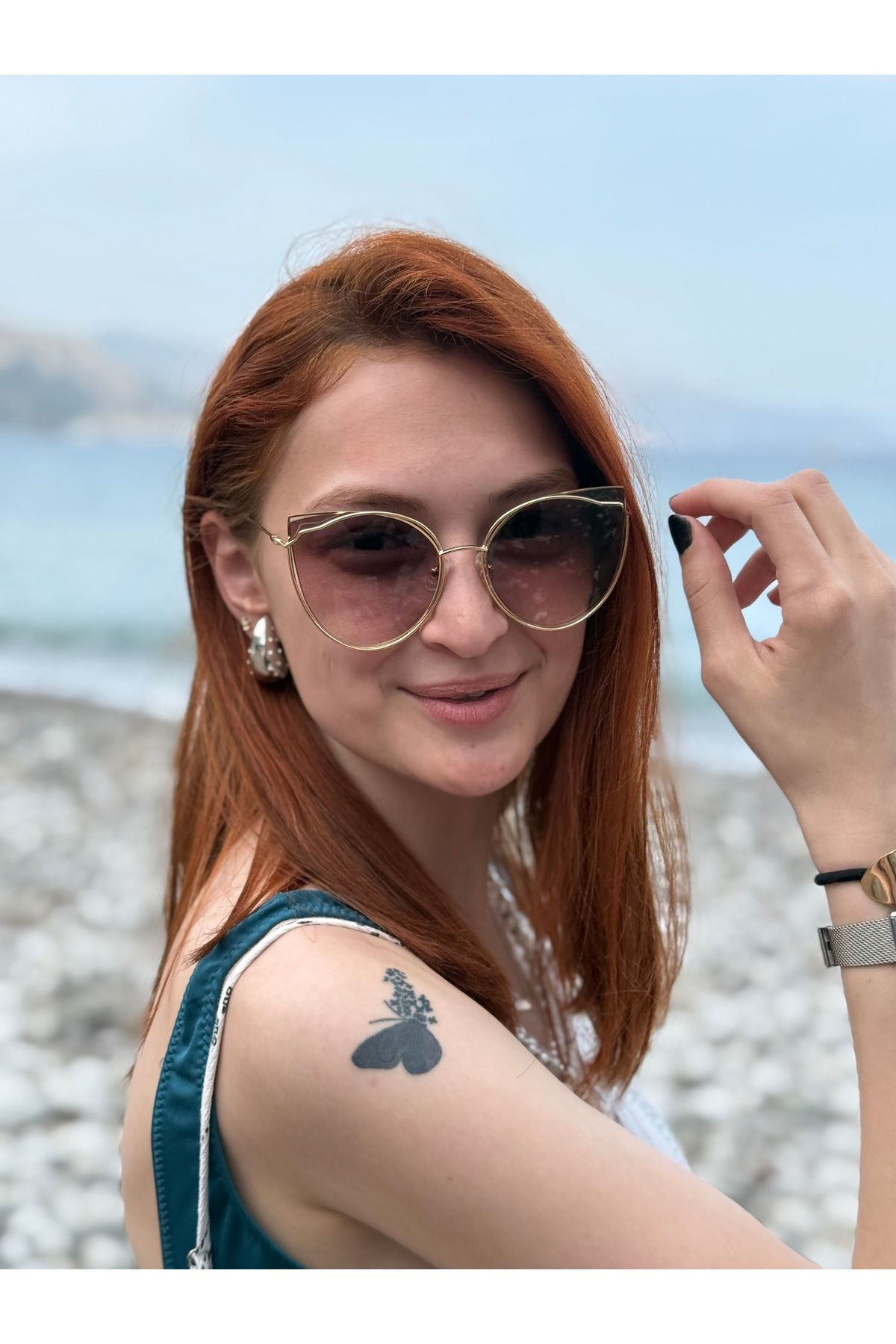 Ferrucci Gold Altın Metal Cat Eye Çerçeveli Kahverengi Degrage Camlı Şık Kadın Gözlüğü