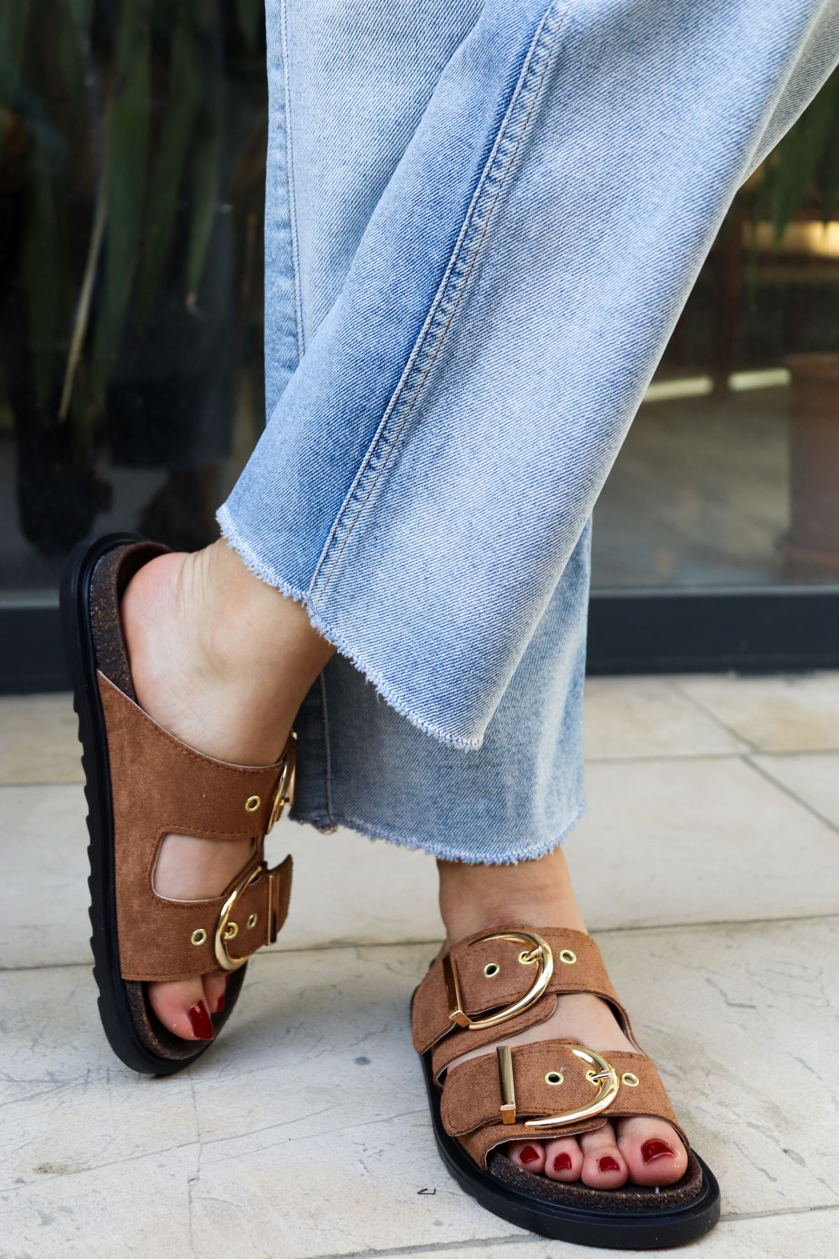 Yula Fashion Shoes Bella Lux Süet Gold Çift Tokalı Ortapedik Taban Terlik