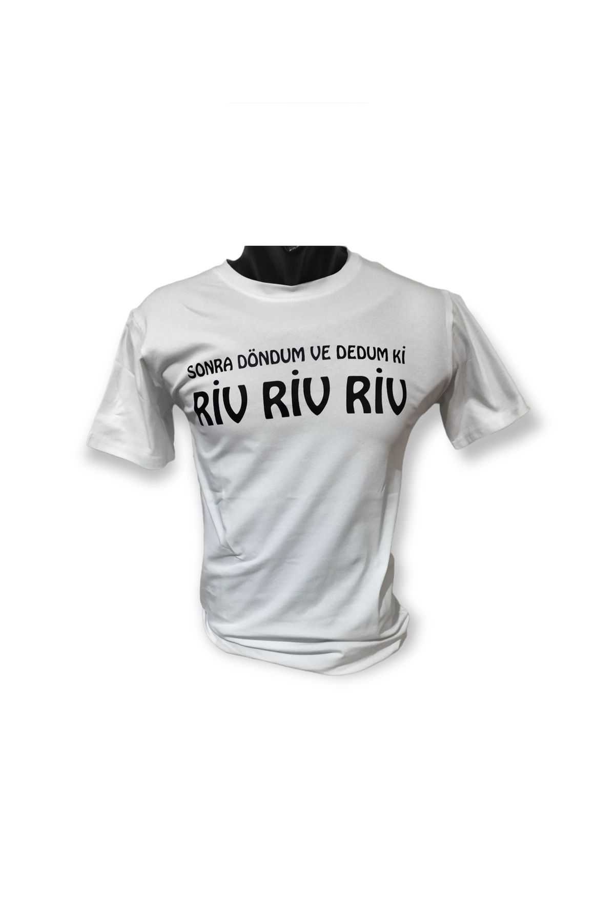 MLH STORE Sonra Döndüm Ve Dedum ki Riv Riv Riv Baskılı Pamuklu Likralı T-shirt (Siyah Yazılı Beyaz) XL Beden