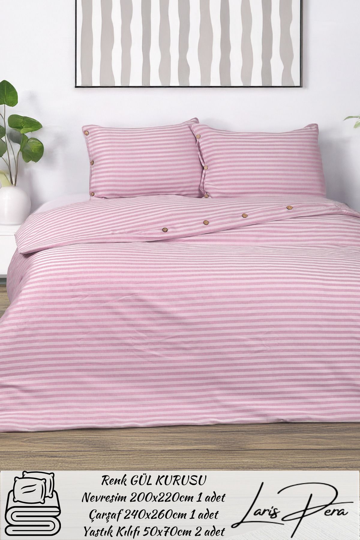 Larispera Çizgili Pamuk Saten Çift Kişilik Nevresim Takımı King Size İplik Boyalı Düğme Detaylı DuvetCover Set