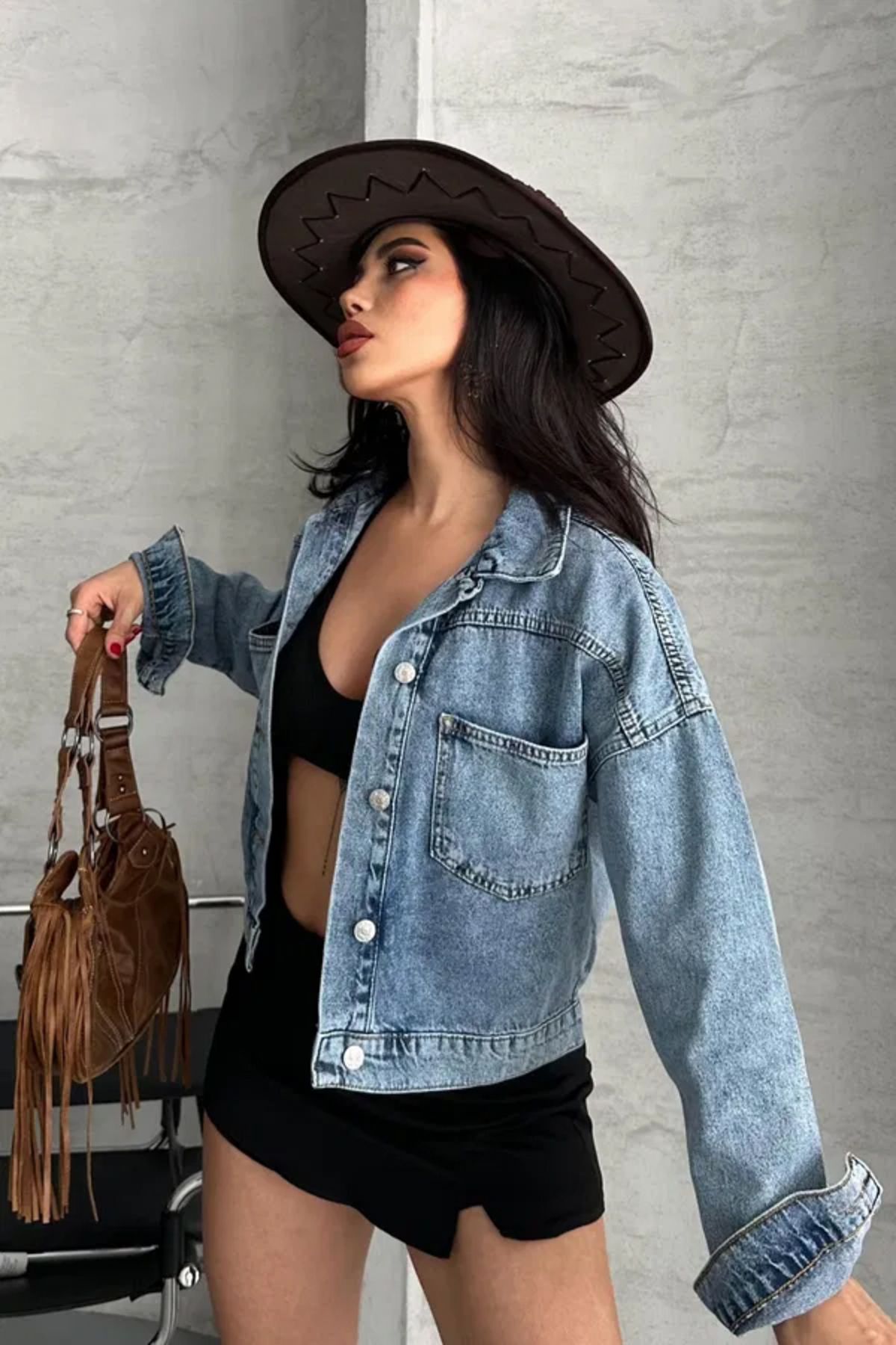 Butik Çift Cepli Demin Crop Ceket