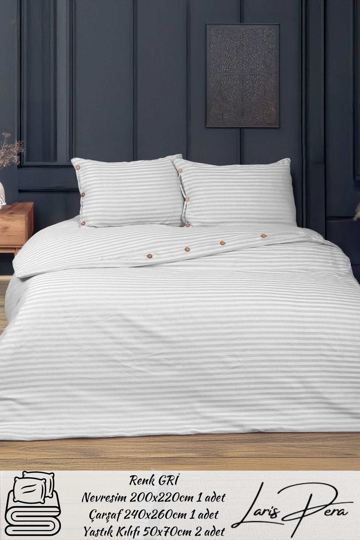 Larispera Çizgili Pamuk Saten Çift Kişilik Nevresim Takımı King Size İplik Boyalı Düğme Detaylı DuvetCover Set