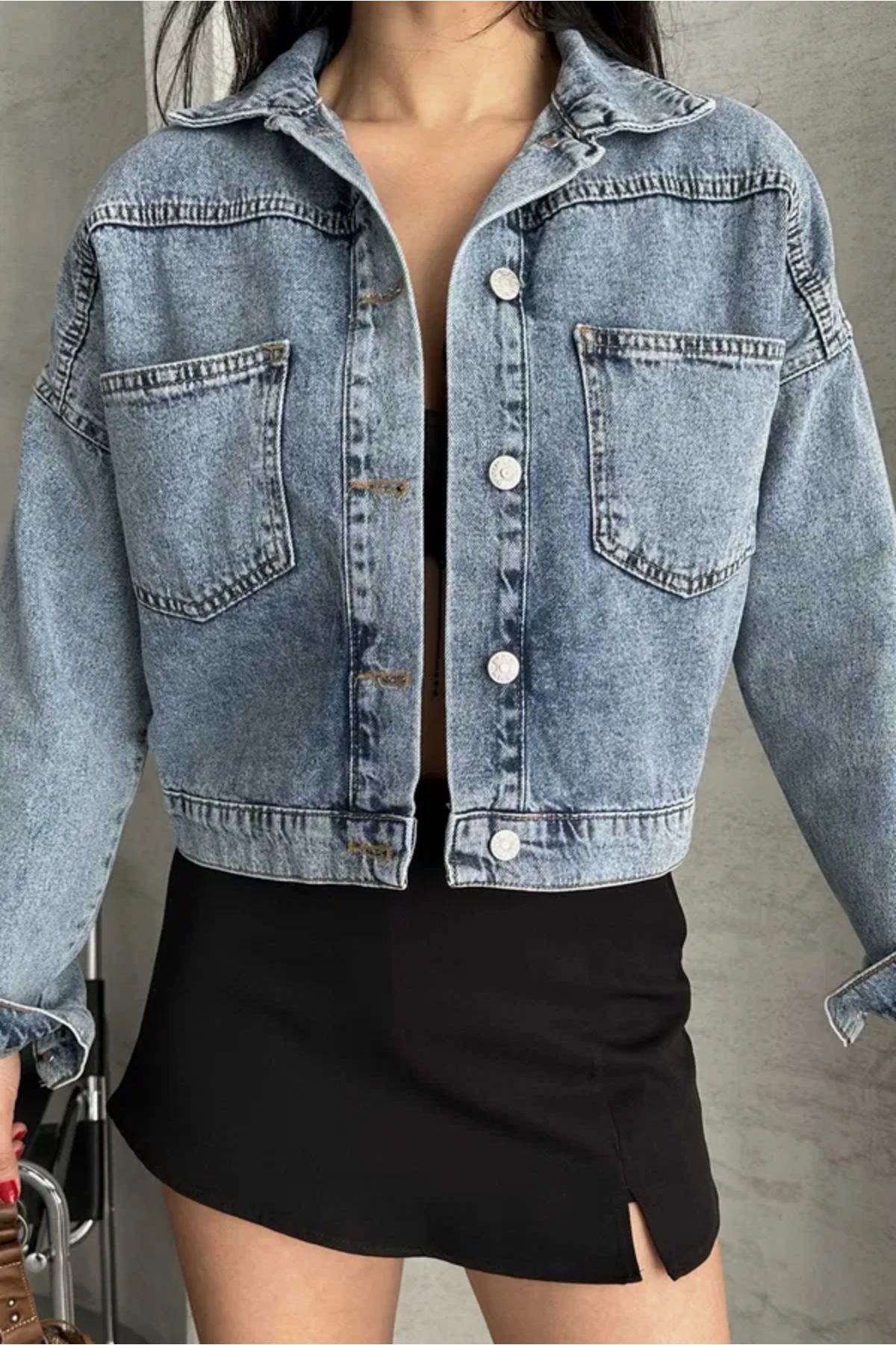Butik Çift Cepli Demin Crop Ceket