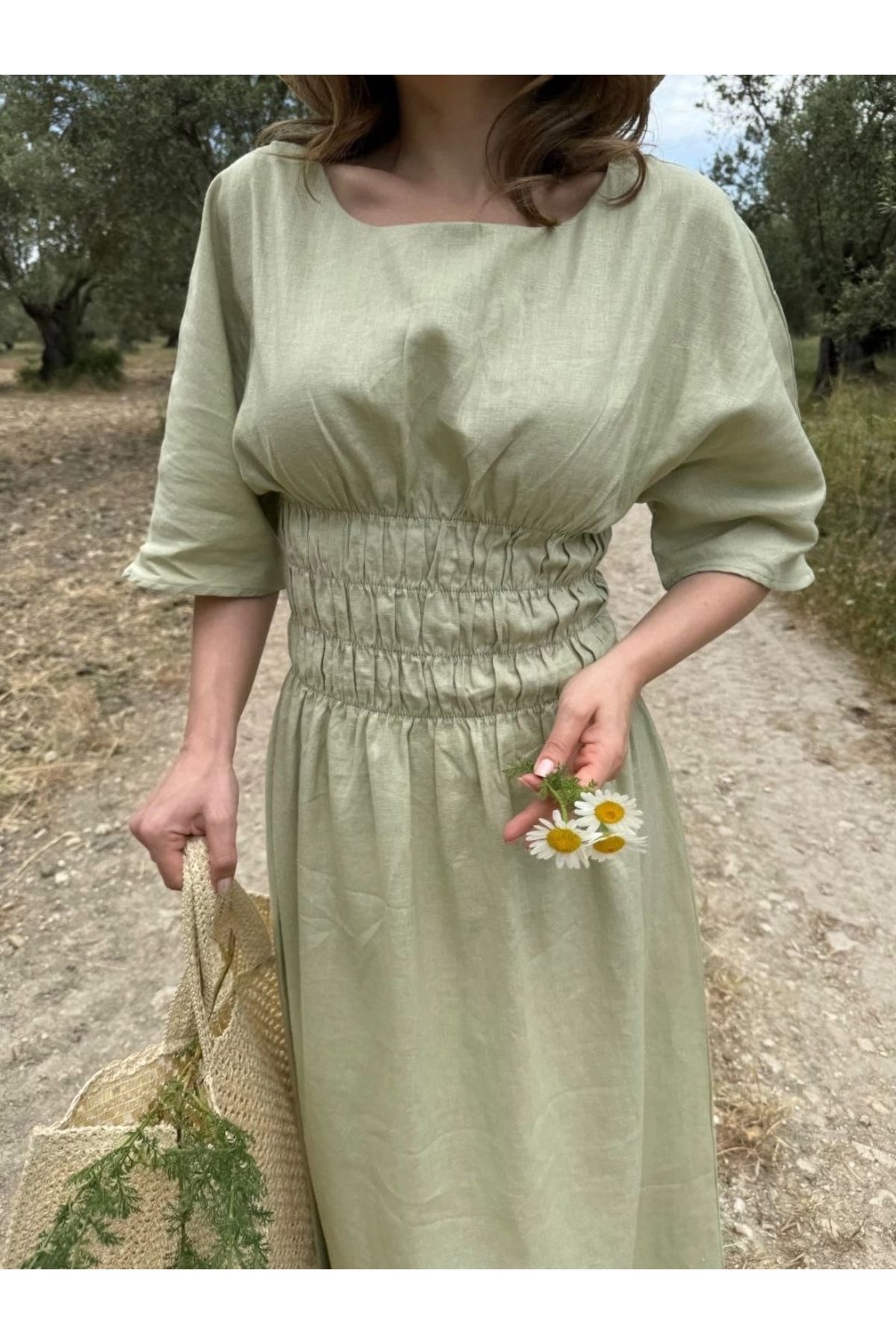 MODA Kadın Keten Kısa Kollu uzun Elbise - Mint Yeşili