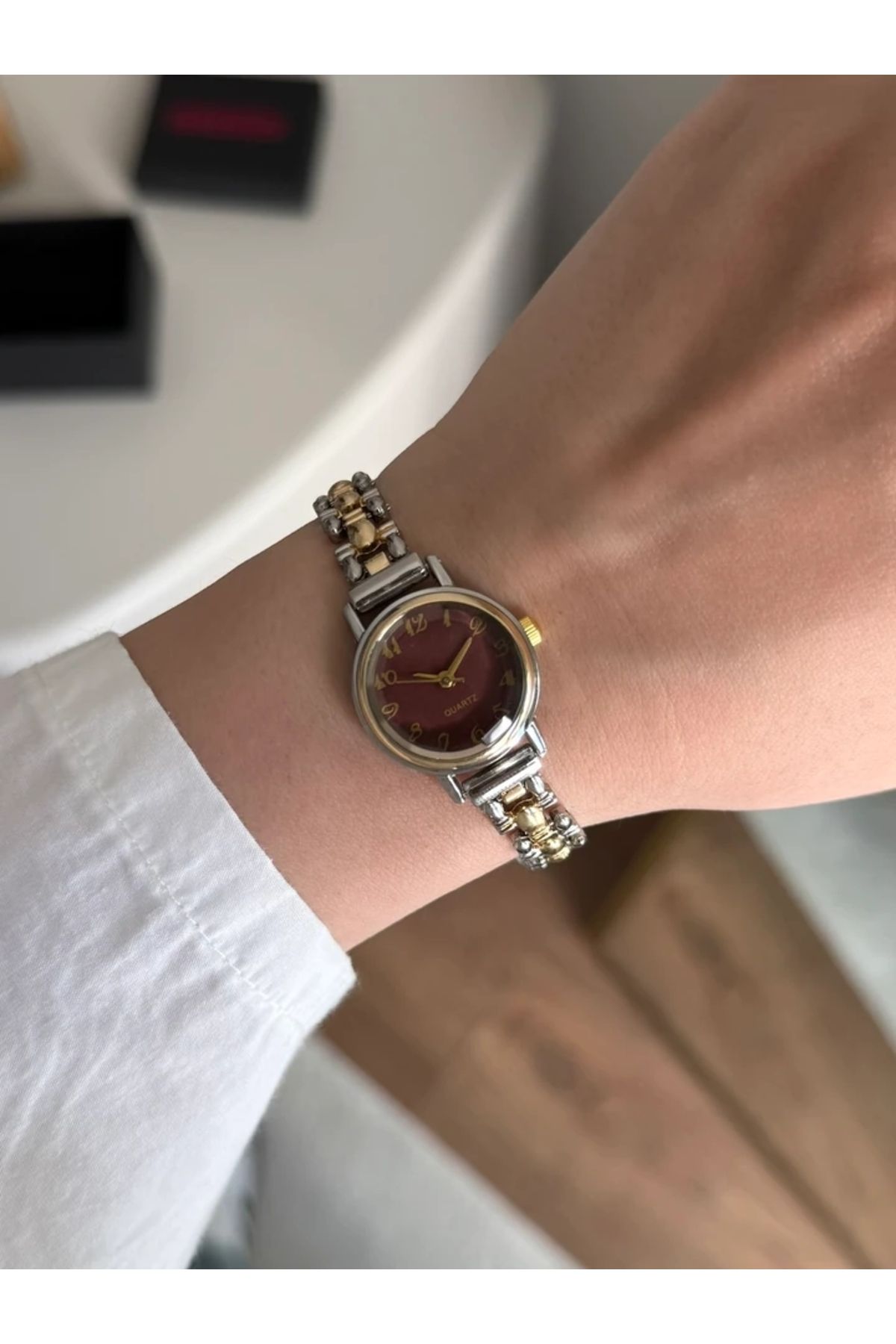 RoseandRoses Ceny Vintage Model Özel Tasarım Kadın Kol Saati Gold-Gümüş (Bordo Kadran)