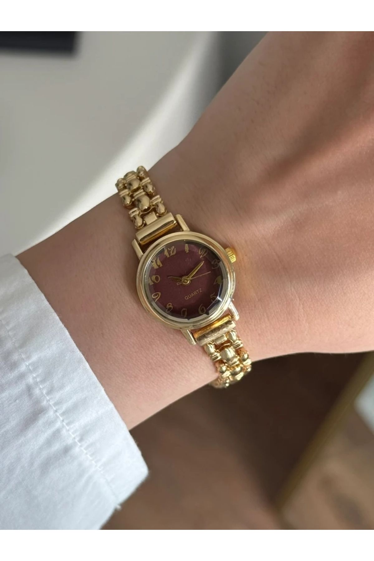 RoseandRoses Ceny Vintage Model Özel Tasarım Kadın Kol Saati Gold (Bordo Kadran)