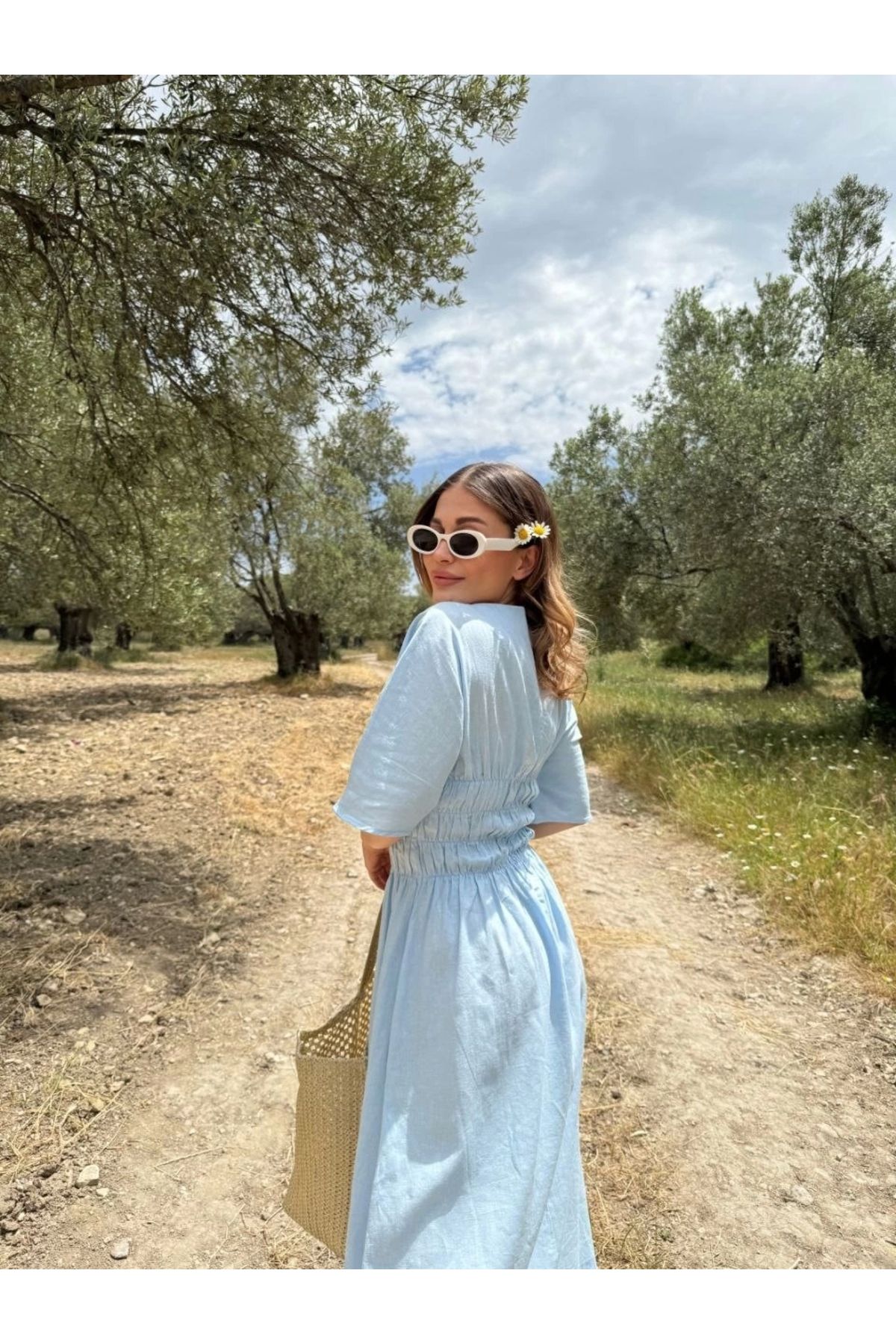 MODA Kadın Keten Kısa Kollu uzun Elbise - Bebek Mavisi