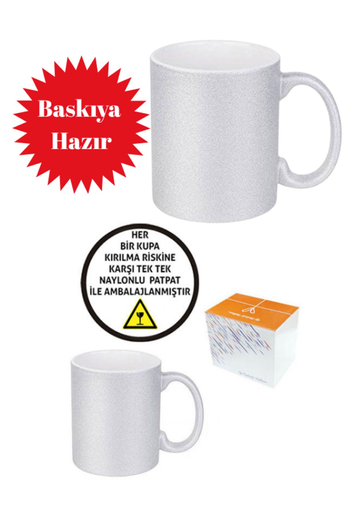 Güzel Paket Sublimasyon Porselen Glitter (Simli) Gümüş Kupa - Kutulu 3 Adet Baskısız