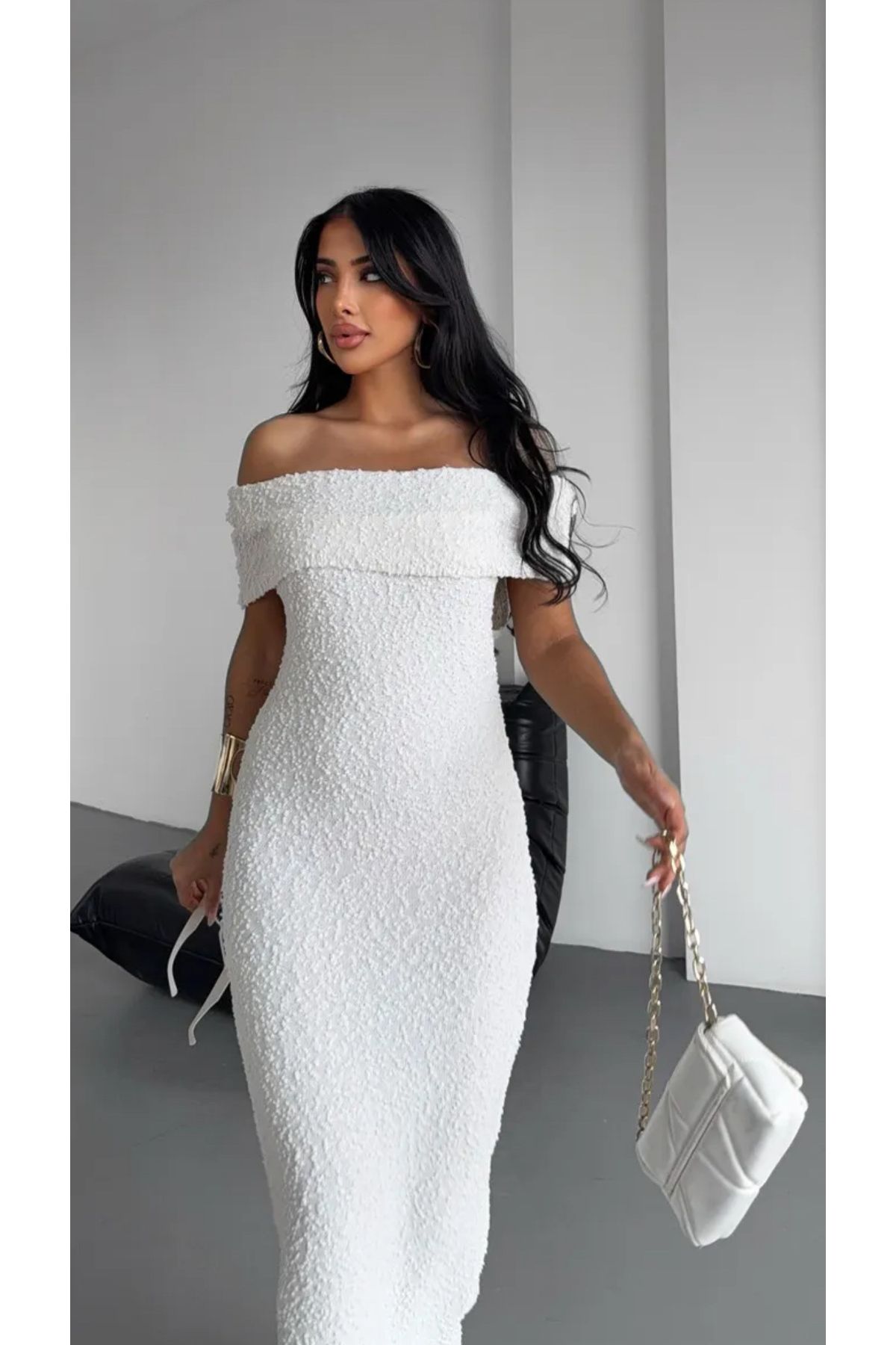 Noi Belis Carmen Yaka Maxi Boy Dokulu İnce Yazlık Elbise SS25EL0011