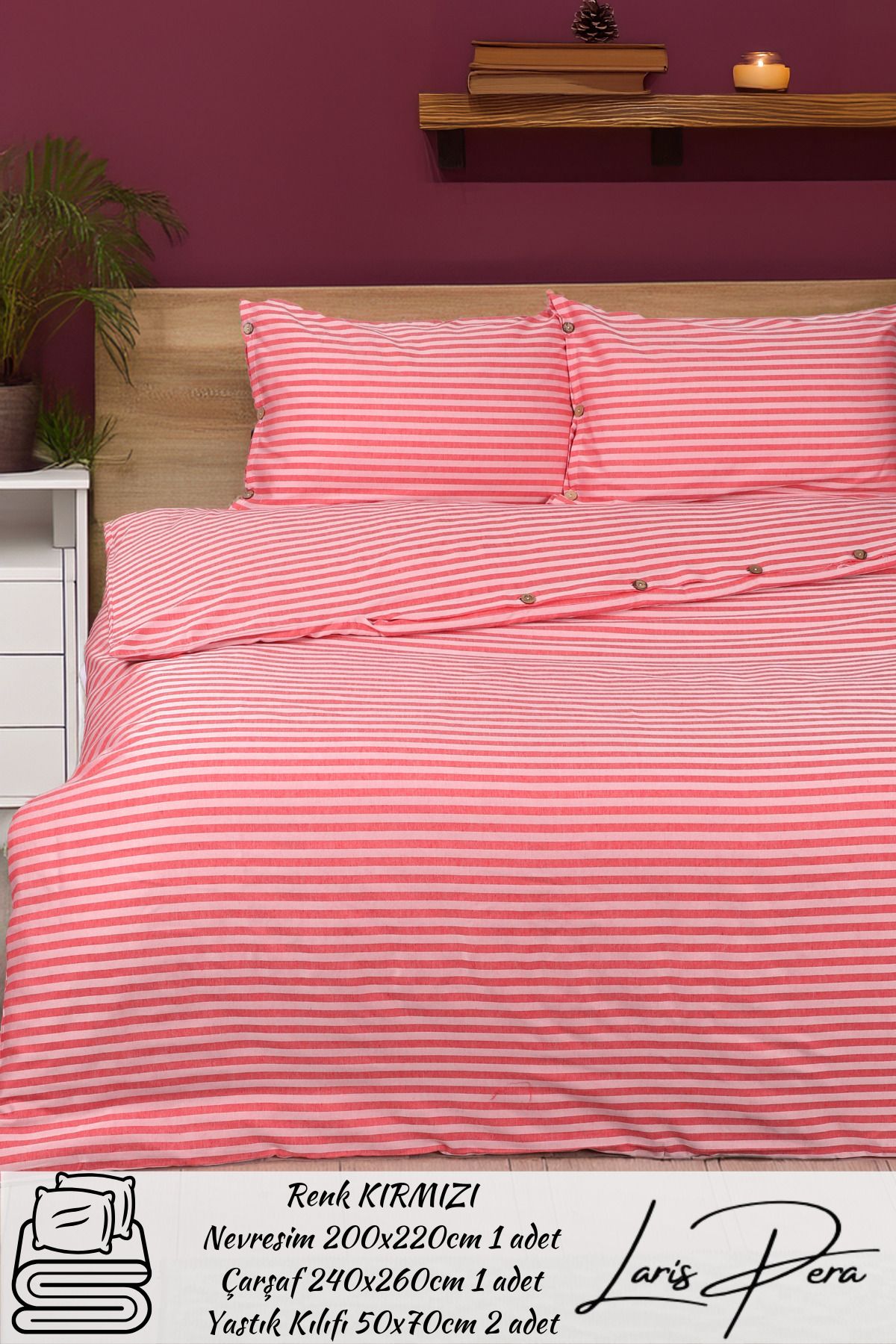 Larispera Çizgili Pamuk Saten Çift Kişilik Nevresim Takımı King Size İplik Boyalı Düğme Detaylı DuvetCover Set