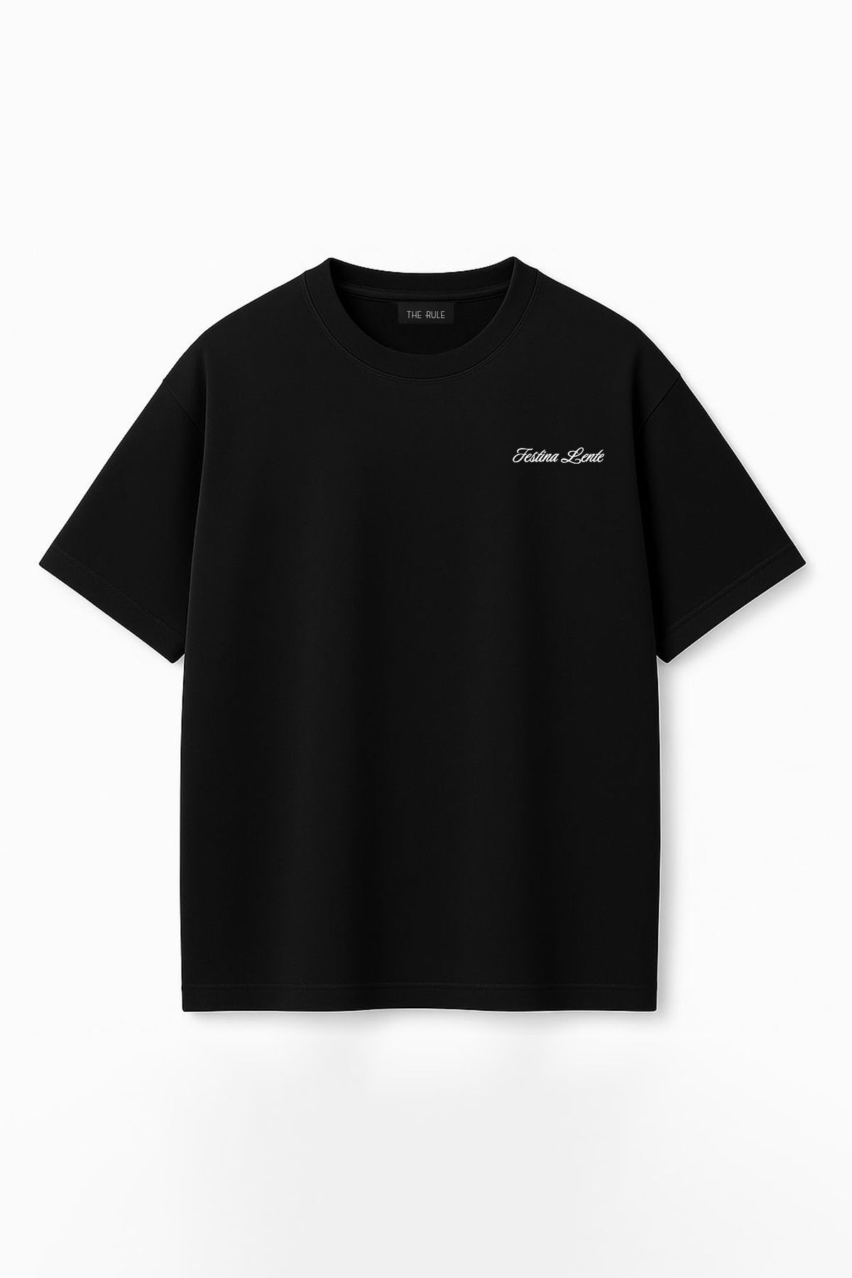 THE RULE Unisex Festina Lente Baskılı Oversize %100 Pamuk Geniş Kesim Dokulu Bisiklet Yaka T-Shirt RF0516