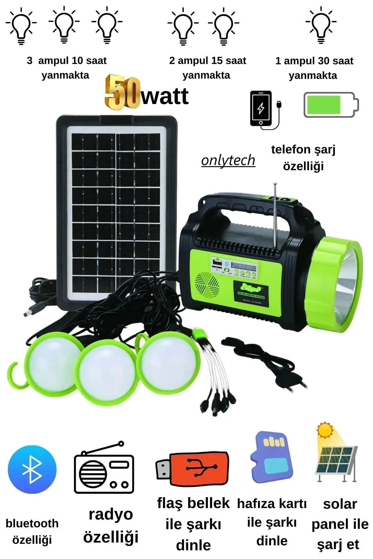 OnlyTech Rt-908 Solar Güneş Panelli Powerbank Mp3 Radyo Bluetooth Işıldak El Feneri Aydınlatma
