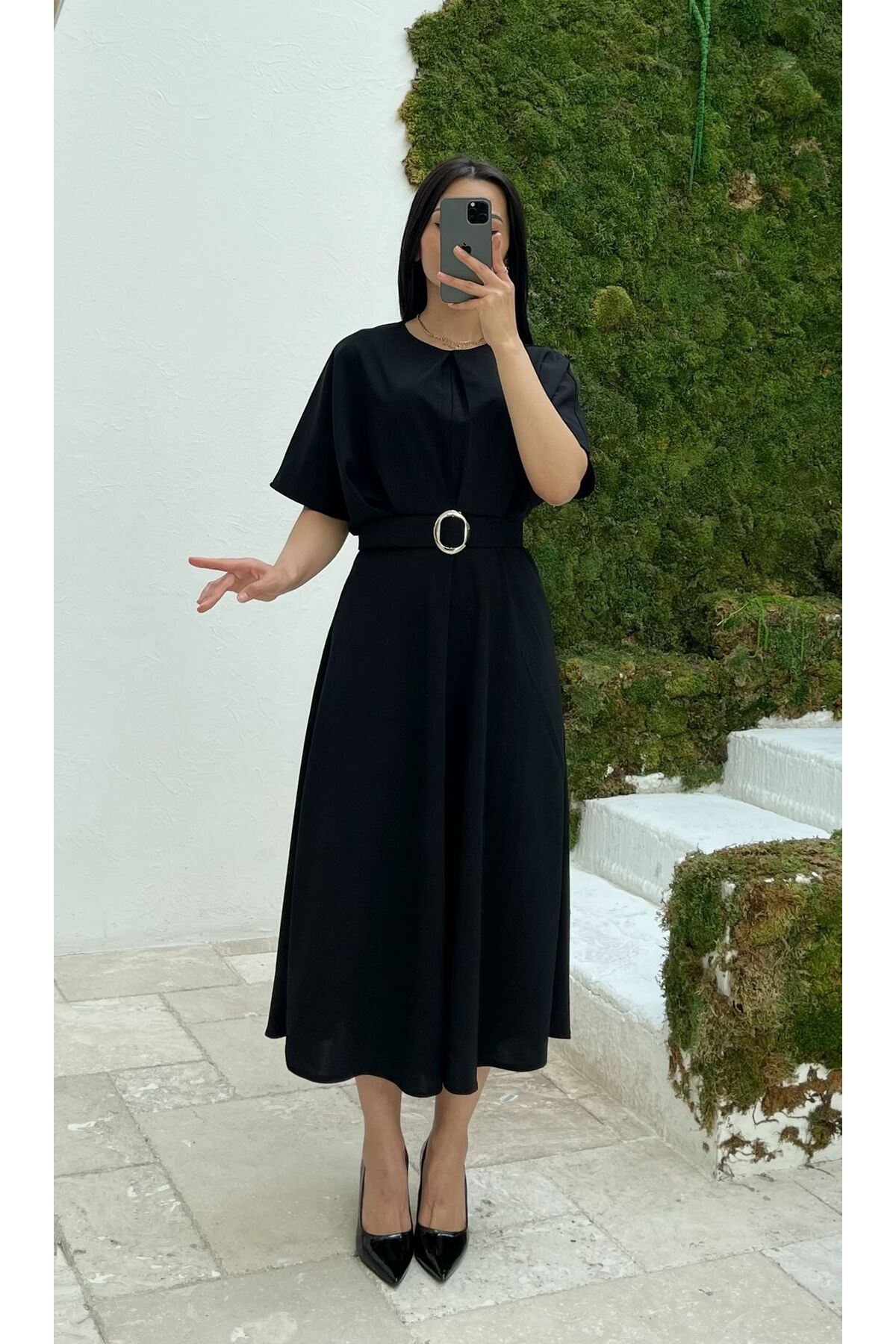 Nida Boutique Yarasa Kol Önden Yırtmaçlı Kemerli Krep Elbise