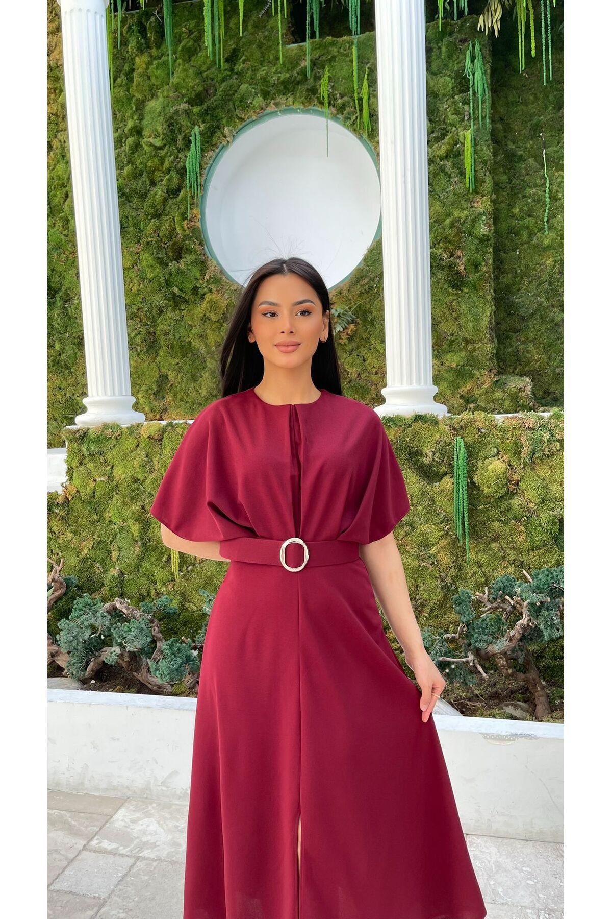 Nida Boutique Yarasa Kol Önden Yırtmaçlı Kemerli Krep Elbise