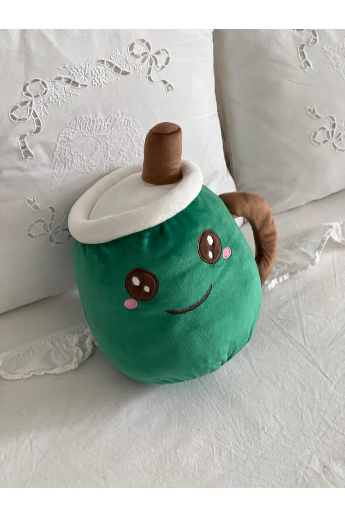 MR.Frenks Çocuk Sevimli Kupa Bardak Oyun&Uyku Arkadaşı Aksesuar Peluş Yastık Yeşil 30 cm