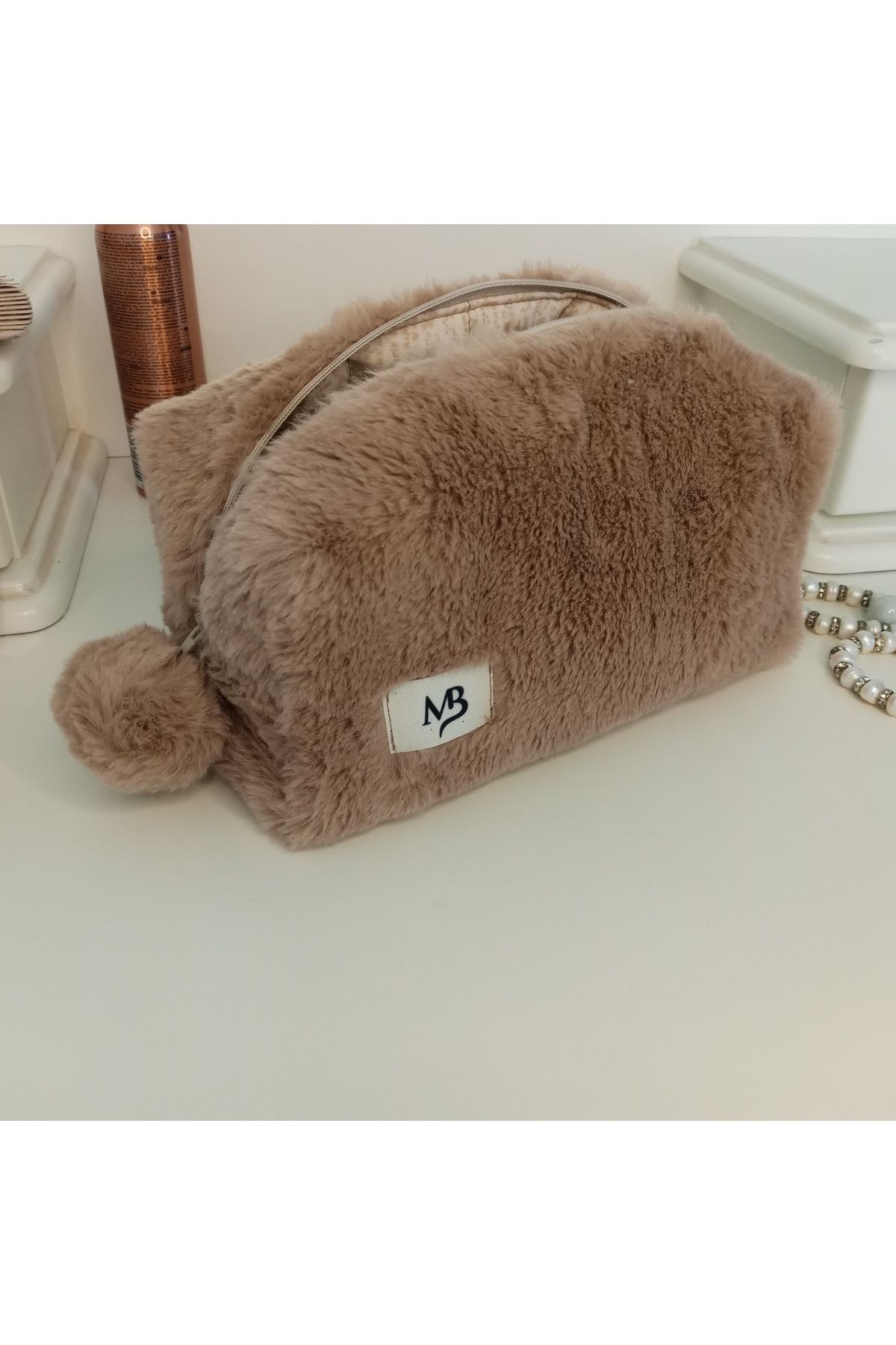 MB Kahve Peluş makyaj çantası- büyük boy
