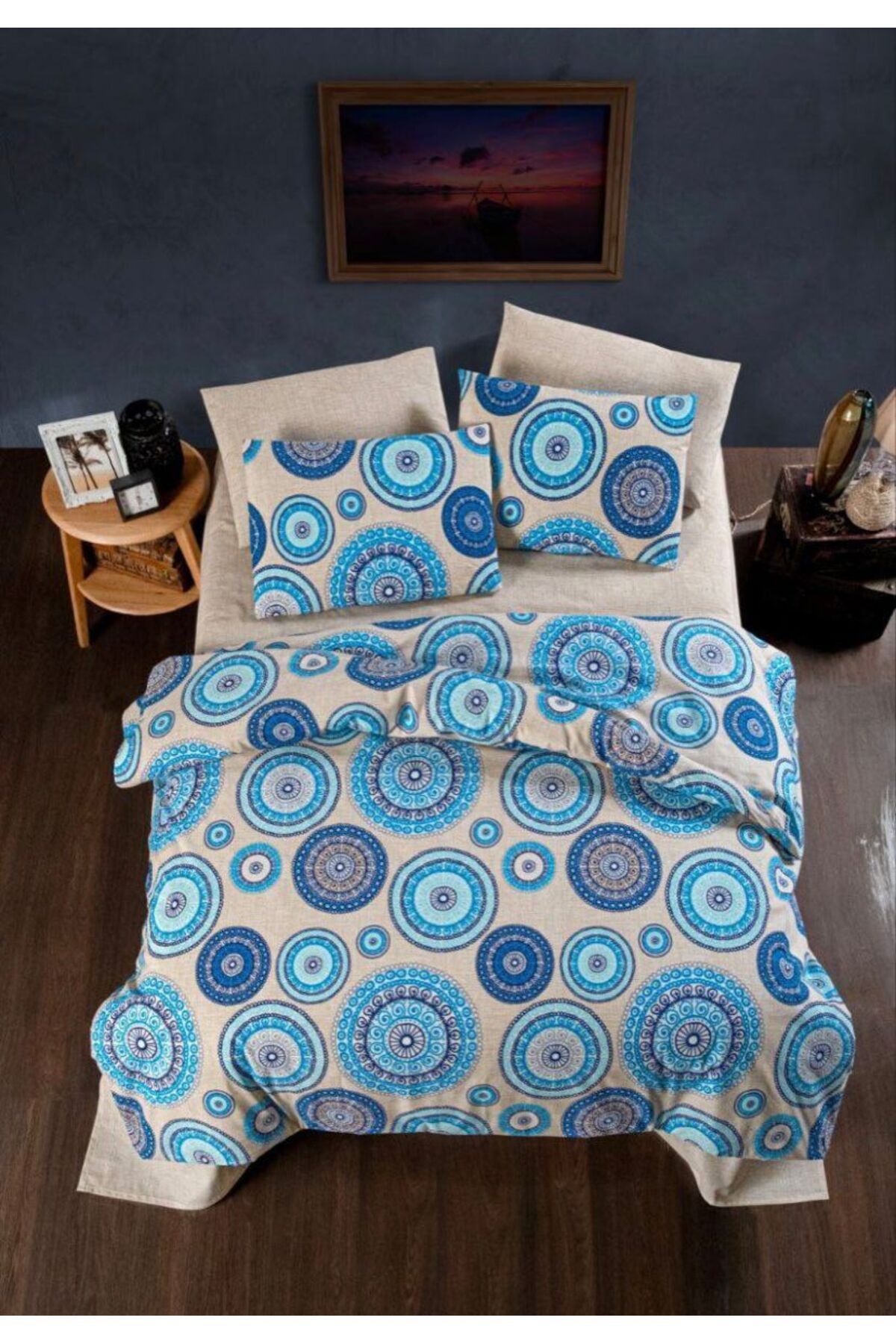 VİLERA HOME MAVİ BEYAZ DESENLİ ÇİFT KİŞİLİK NEVRESİM TAKIMI