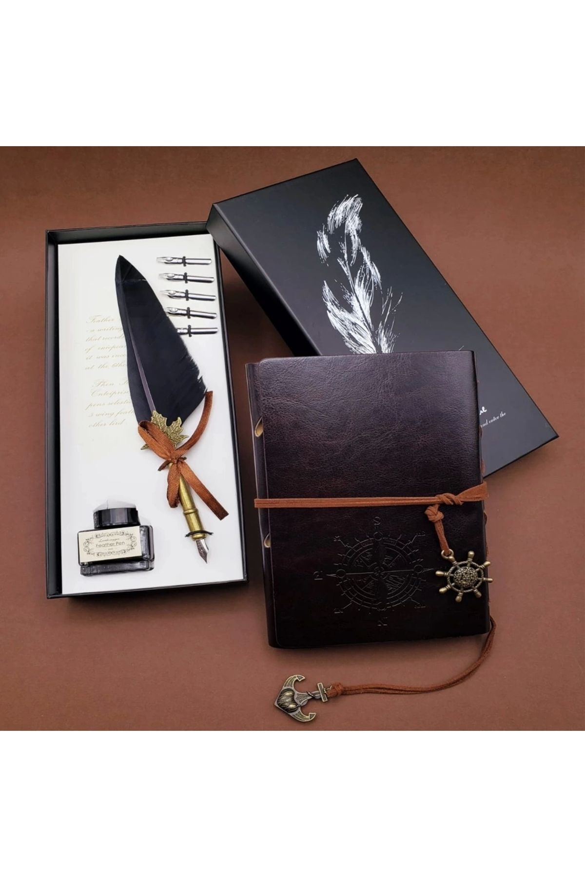 YNT İthalat Tüylü Kalem Ve Deri Defter Set