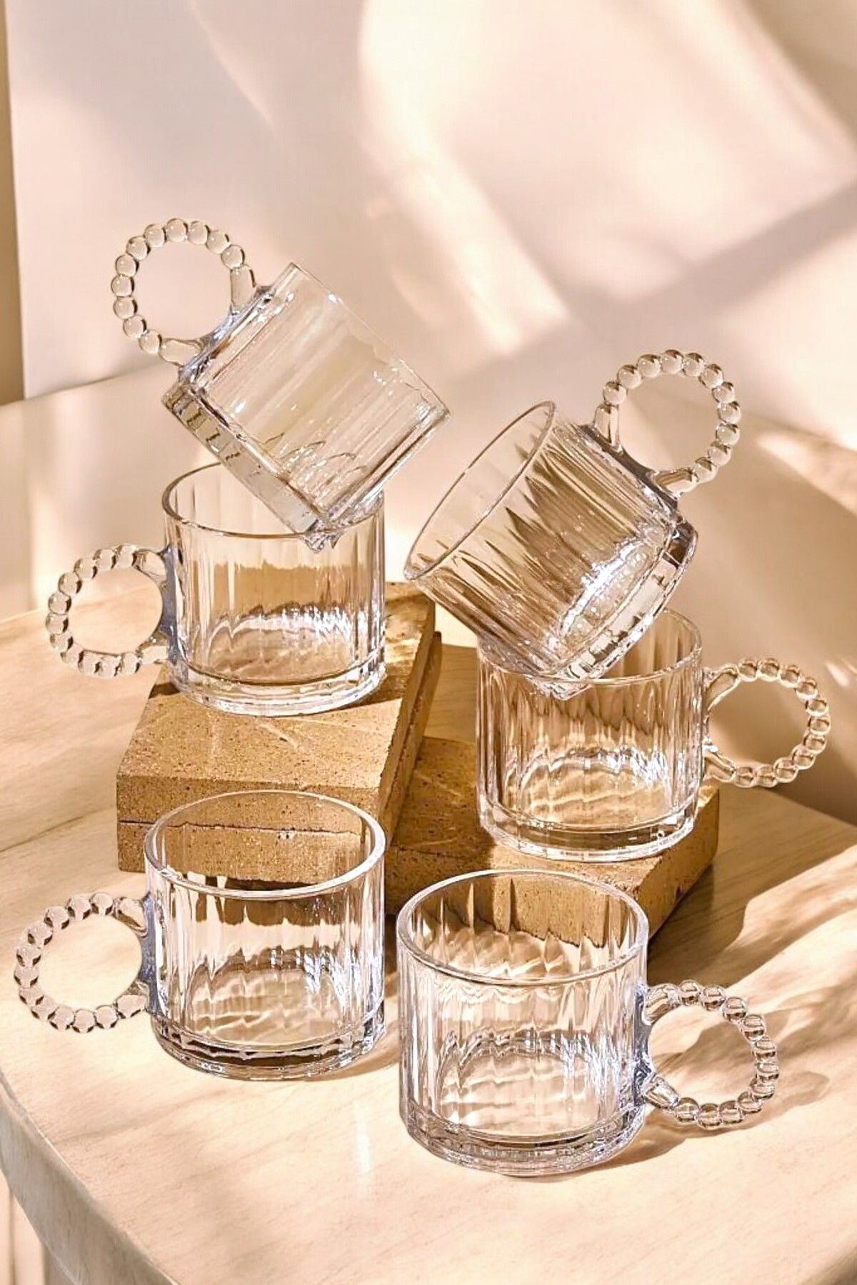 LUMİNA 3 Adet Cam Boncuk Kulplu Bardak Kupa Çay Kahve Meşrubat Bardağı 250ml