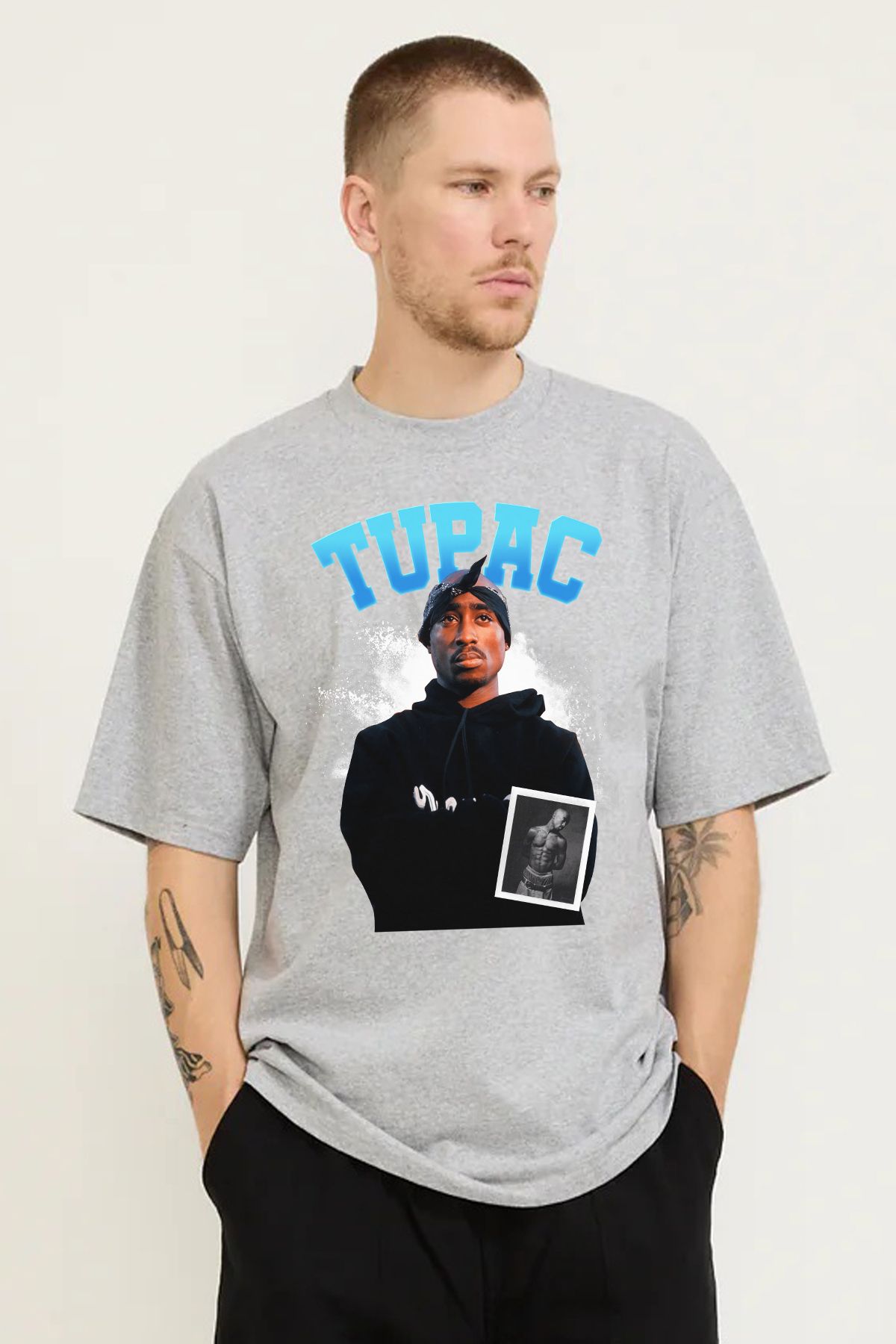 MODA Tupac Shakur Baskılı Oversize Kalıp Grimelanj Bol Geniş Kesim Erkek Tişört