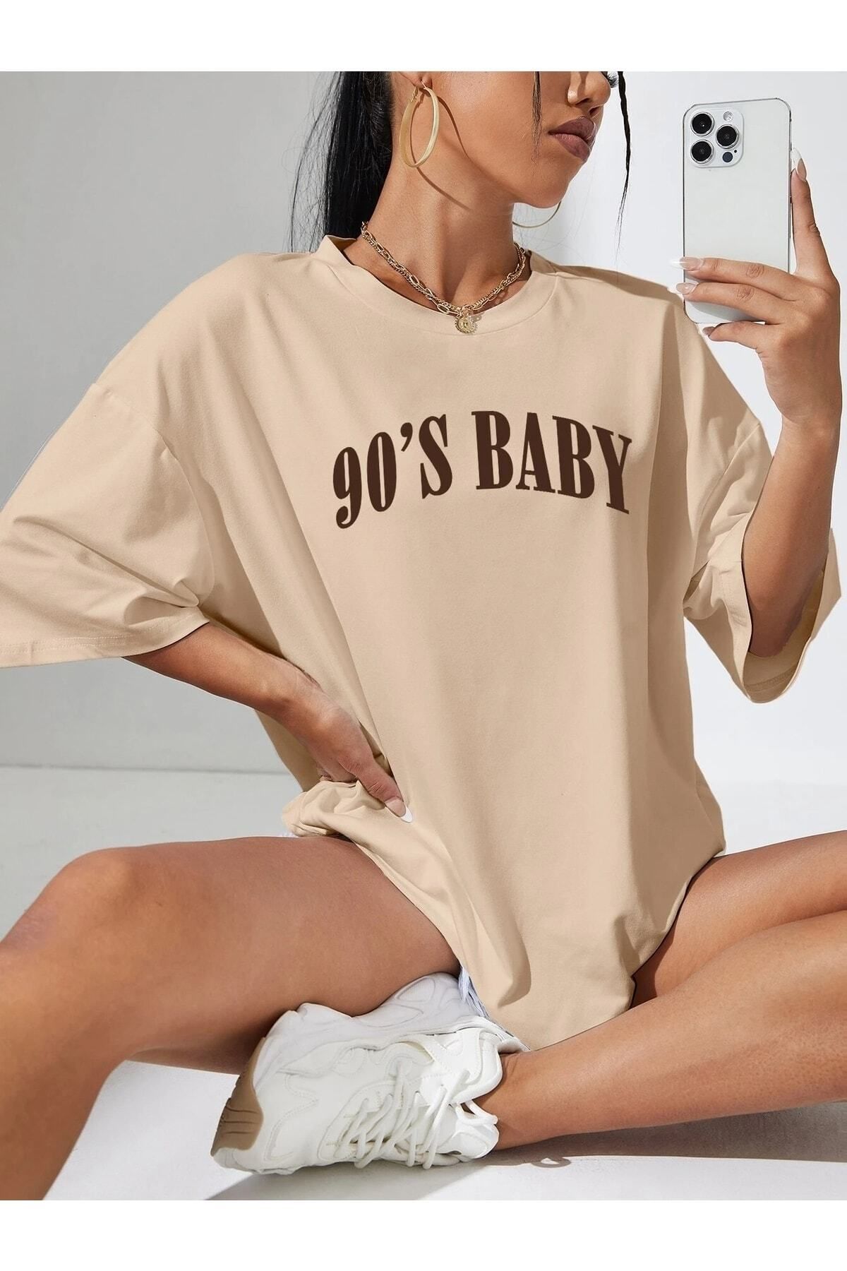 Hunors Sportswear & Company 90's Baby Baskılı Kadın / Kız Oversize Bej Salas T-shirt Boyfriend