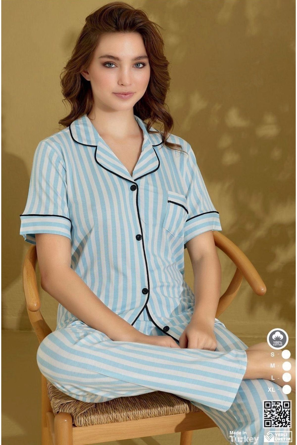 İpek Kadın Kısa Kol Önden Düğmeli Çizgili Pijama Takımı