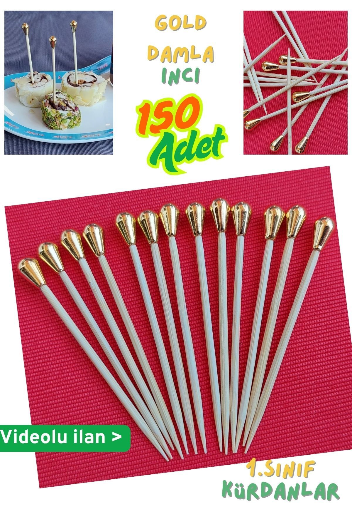 Armashine 150li Parlak Gold Süslü Pasta Kürdanı - Metalik Gold Kaplamalı Damla Boncuk Parti Süs Kürdan