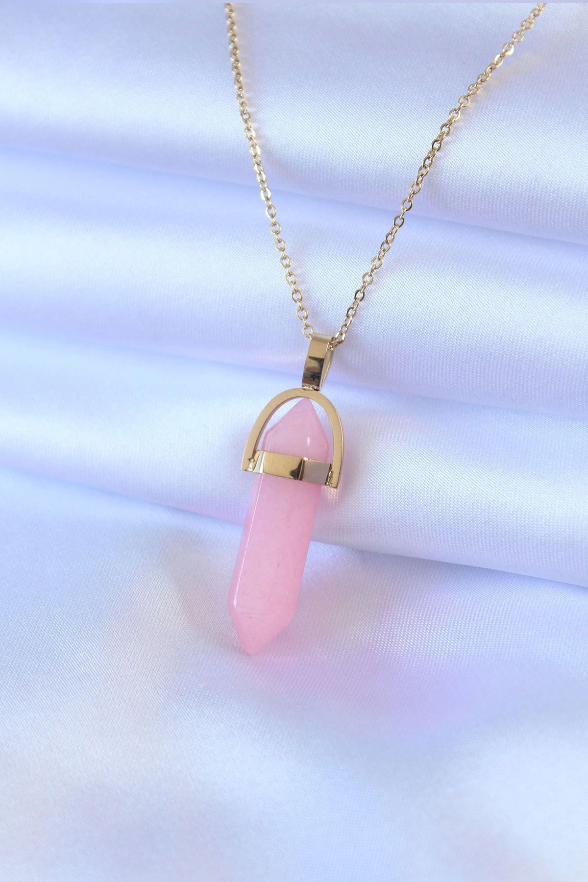 Ekince 316L Çelik Gold Renk Kristal Pembe Taş Model Kadın kolye
