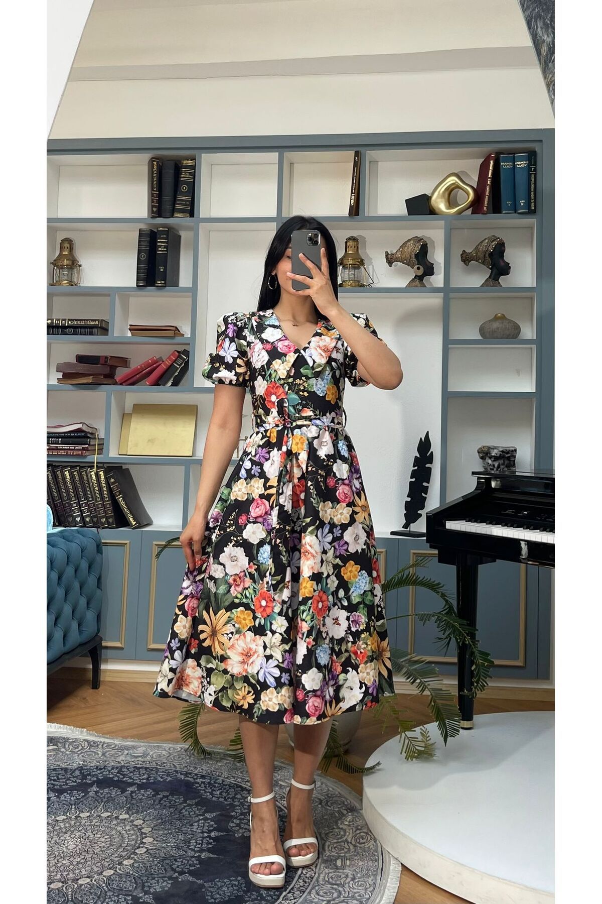 Nida Boutique Bebe Yaka Yarım Kol Kuşaklı Midi Boy Poplin Elbise