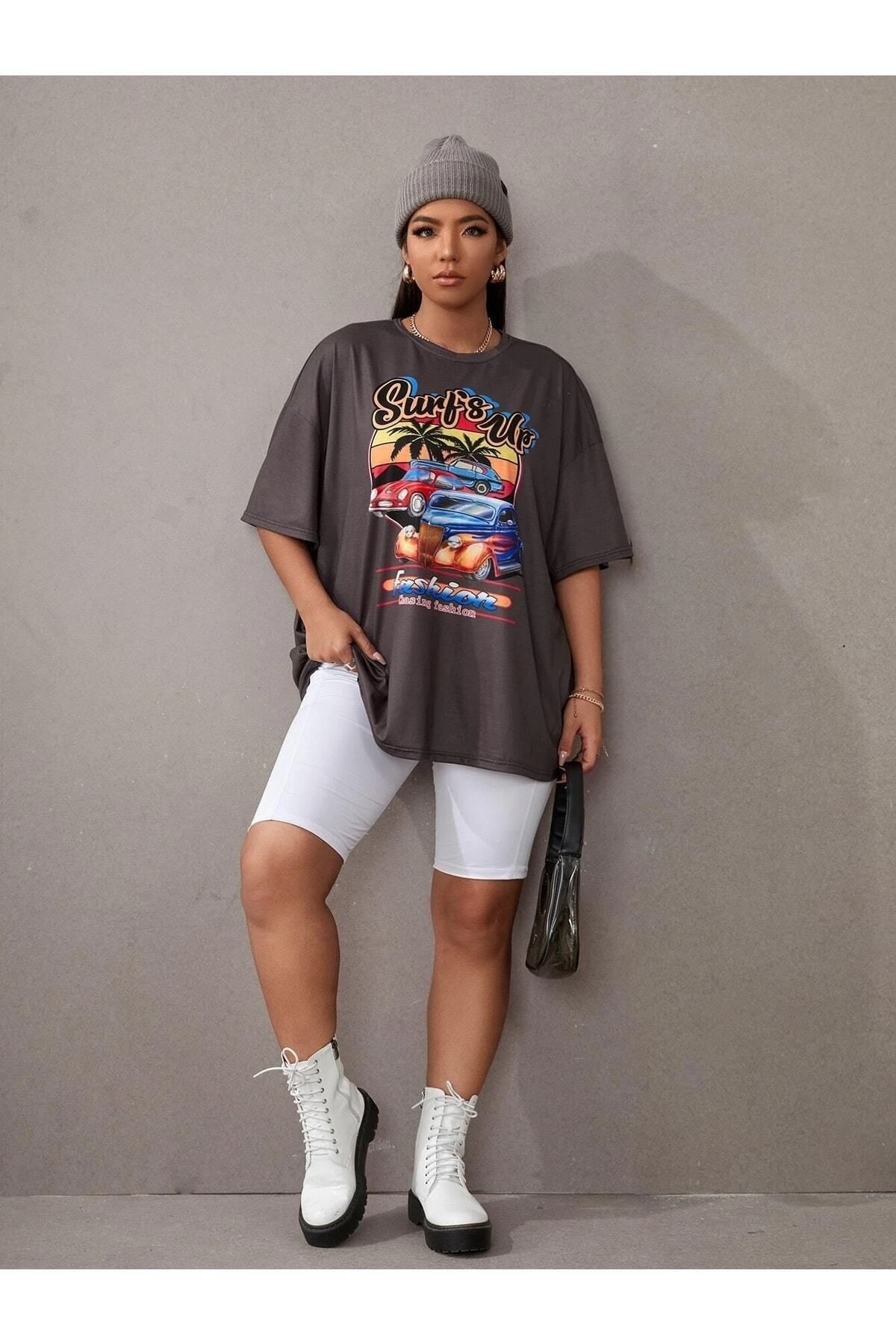 Hunors Sportswear & Company Kadın / Kız Füme Oversize T-shirt Surf's Up Baskılı