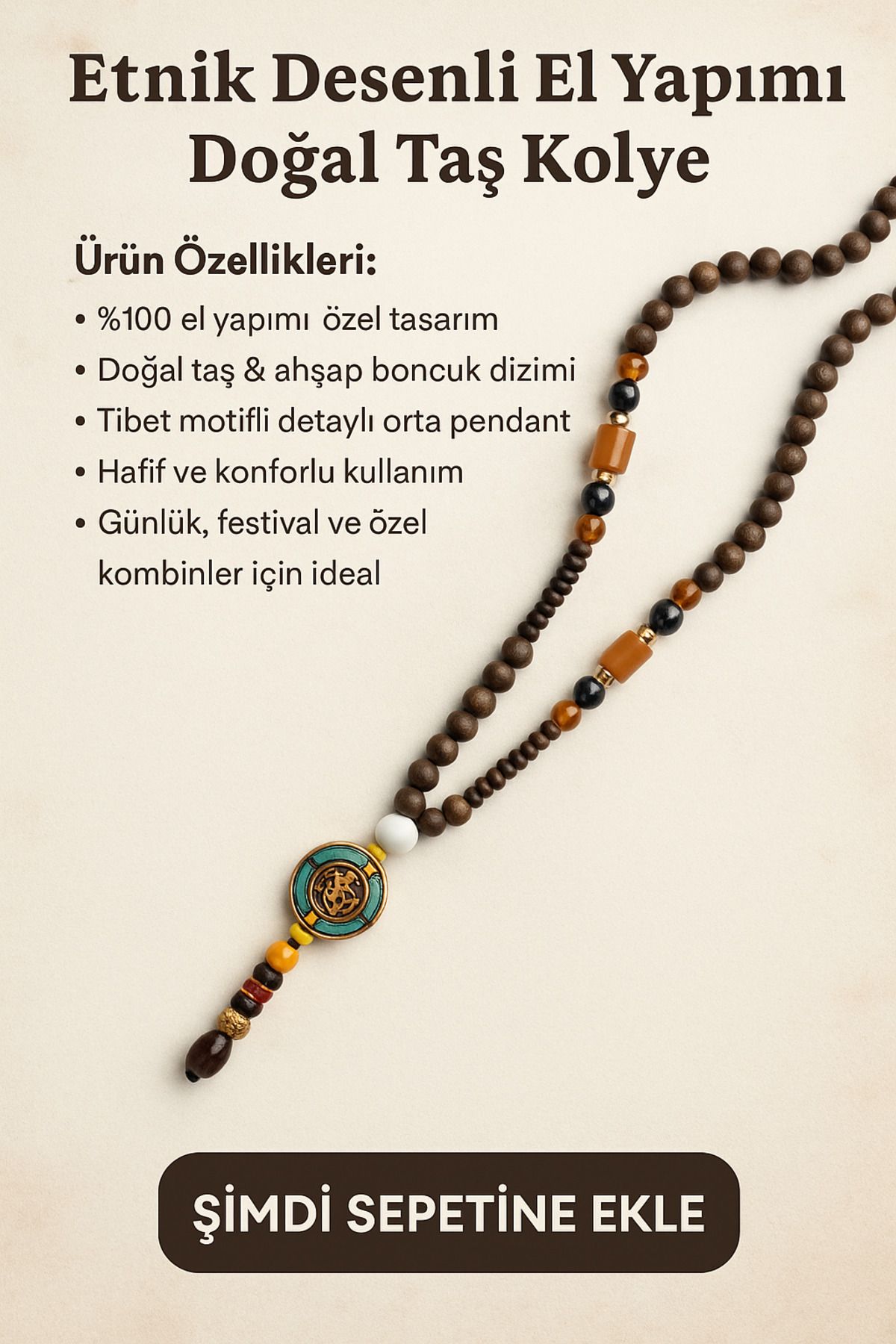 Enjoy Etnik Desenli El Yapımı Doğal Taş Kolye Ahşap Boncuklu Tibet Motifli