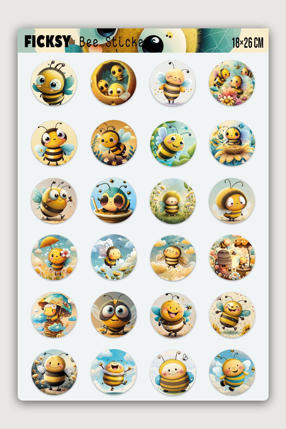 Ficksy Sevimli Arı Sticker Seti - 24 Adet Yuvarlak Etiket Çıkartma