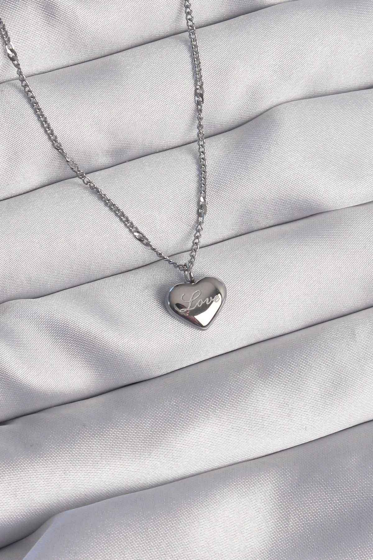 Ekince 316L Çelik Gümüş Renk Kalp Model Love Kolye