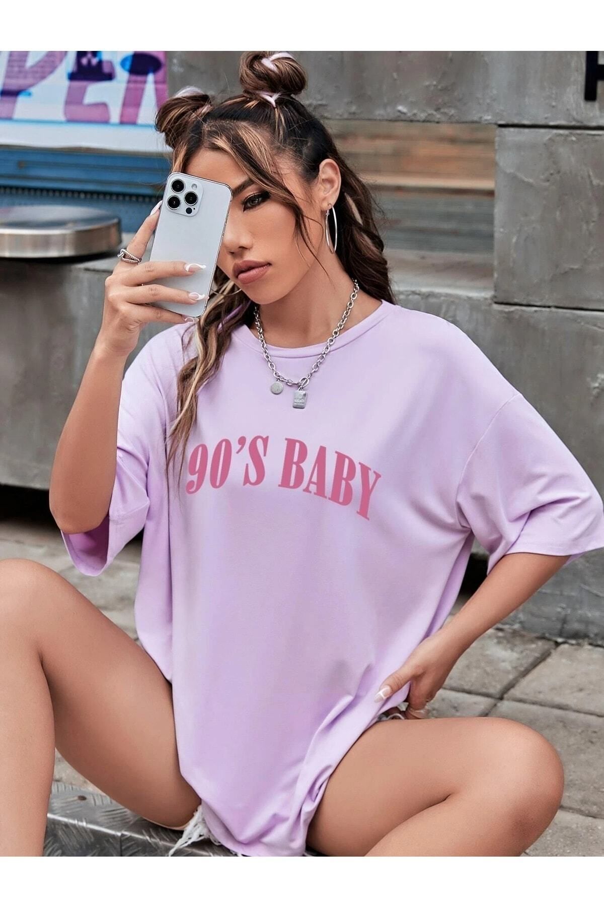 Hunors Sportswear & Company 90'lar Baskılı Kadın / Kız Oversize Gri Salas T-shirt Boyfriend