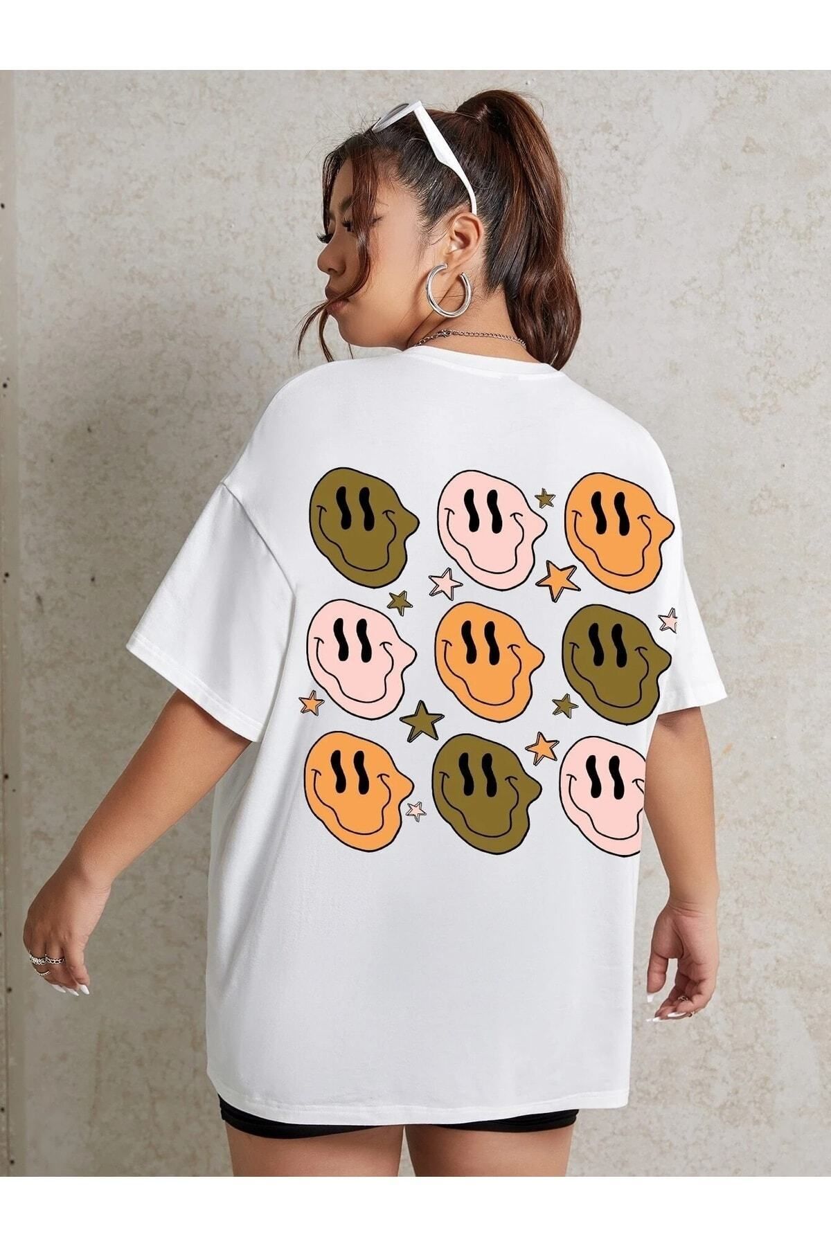 Hunors Sportswear & Company Kadın / Kız Smiles Sırt Baskılı Beyaz Oversize T-shirt Salaş Boyfirend
