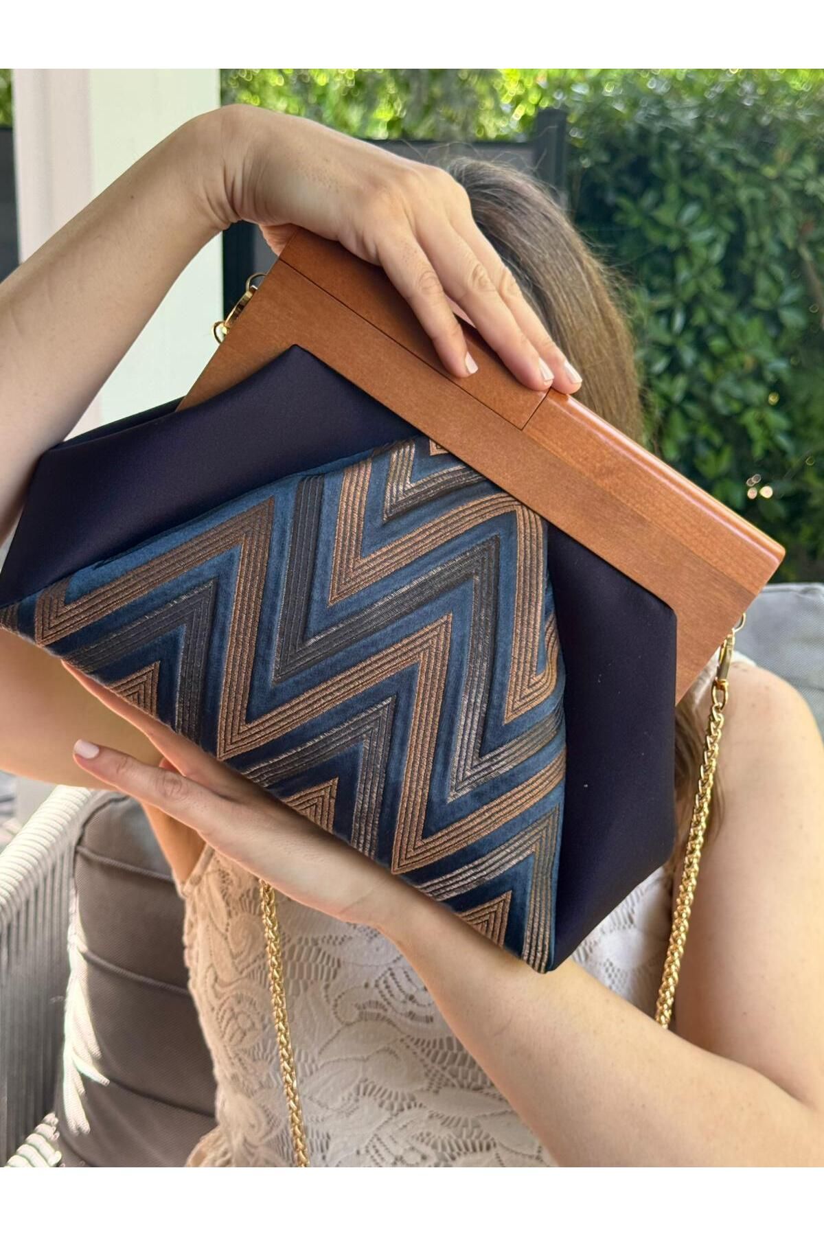 JOPHIEL Patchwork, Zincirli, Ahşap Burslu Çanta, Clutch, El Çantası, Kol Çantası, Omuz Çantası