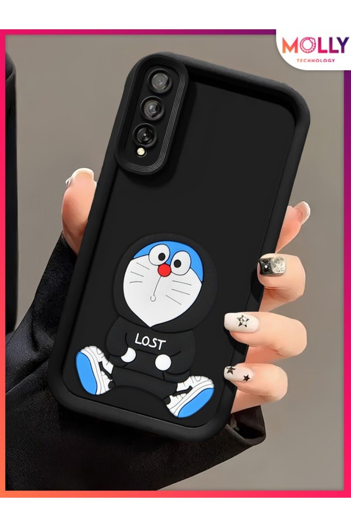 Molly Samsung Galaxy A50 İçin Siyah Kenarları Kalın 3d Kabartmalı Sevimli Doraemon Silikon Kılıf