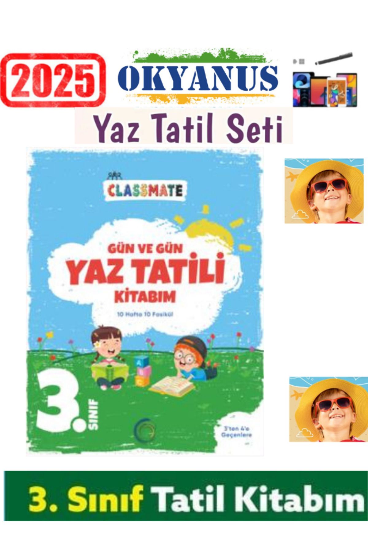 Okyanus Yayıncılık Clasmate 2025 3.Sınıf Gün Gün Yaz Tatil Kitabı+Android Kalem