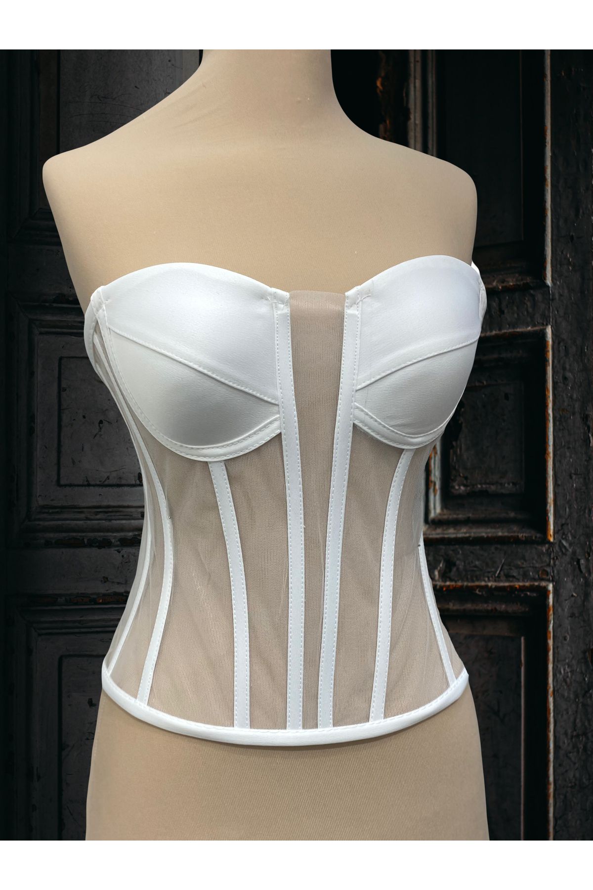MODA Ekru Transparan Ön Acik Korse İpli -Hazır Beden Gelenlik