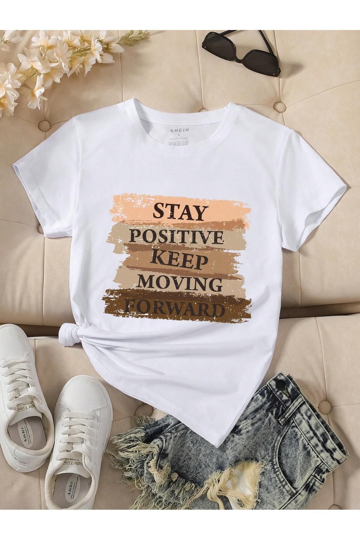 KEALVİ Stay Positive Tişört - Beyaz Baskılı Oversize T-Shirt Bisiklet Yaka