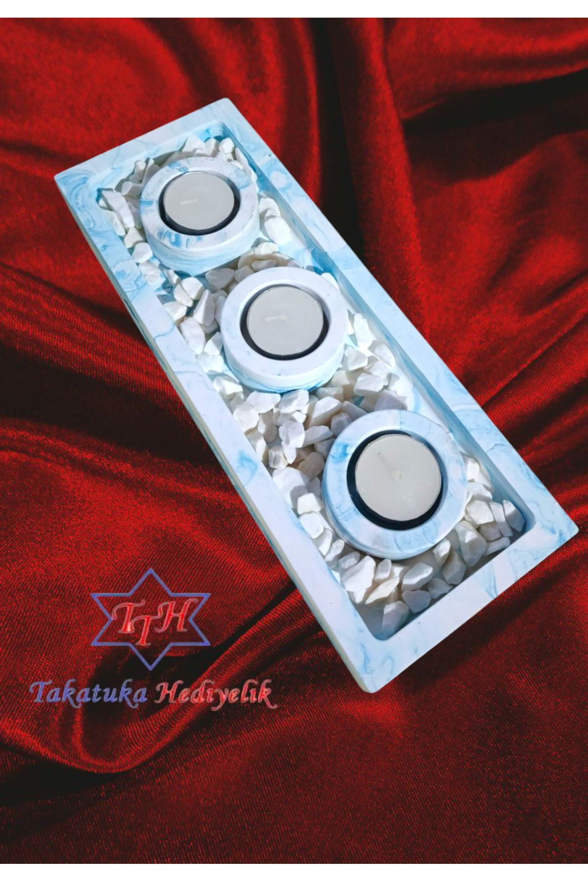 TTH Takatuka Hediyelik 4'Lü Set Beton Tabaklı Mumluk Dolomit Taşlı Tealight Mumluk (MUMLAR DAHİLDİR) ( 23x10 cm )
