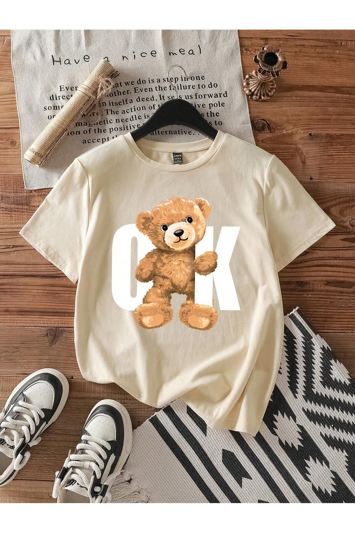 KEALVİ Ok Bear Tişört - Bej Baskılı Oversize T-Shirt Bisiklet Yaka