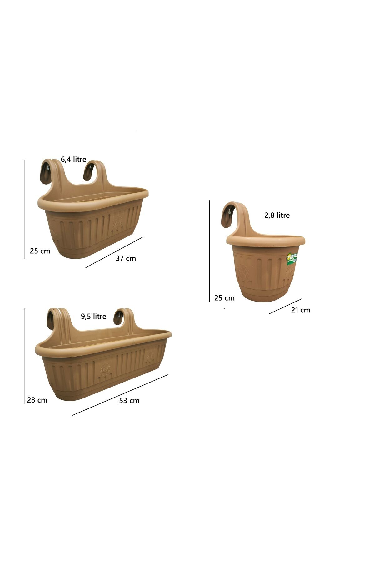 demethome 3 adet Kendinden Askılı Balkon Saksısı Plastik Kelepçeli Sağlam 1x2,8 lt 1x6,4 lt 1x9,5 litre