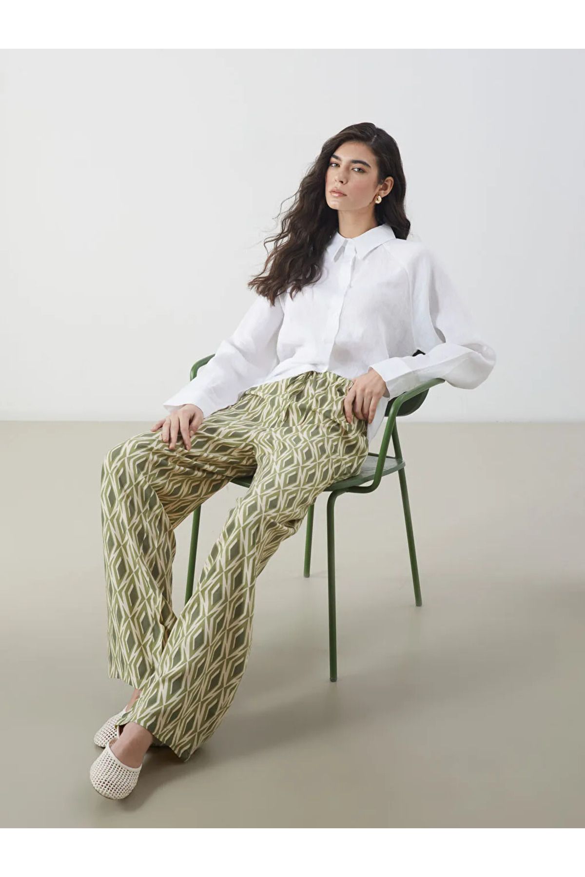 LC Waikiki LCW Modest Yeşil Beli Lastikli Desenli Kadın Pantolon