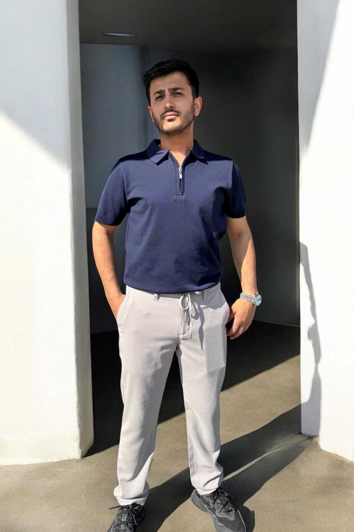 thesunfyre ERKEK Yandan Cepli Beli Lastikli Bağcıklı Rahat Kalıp Kumaş Relaxed Pantolon