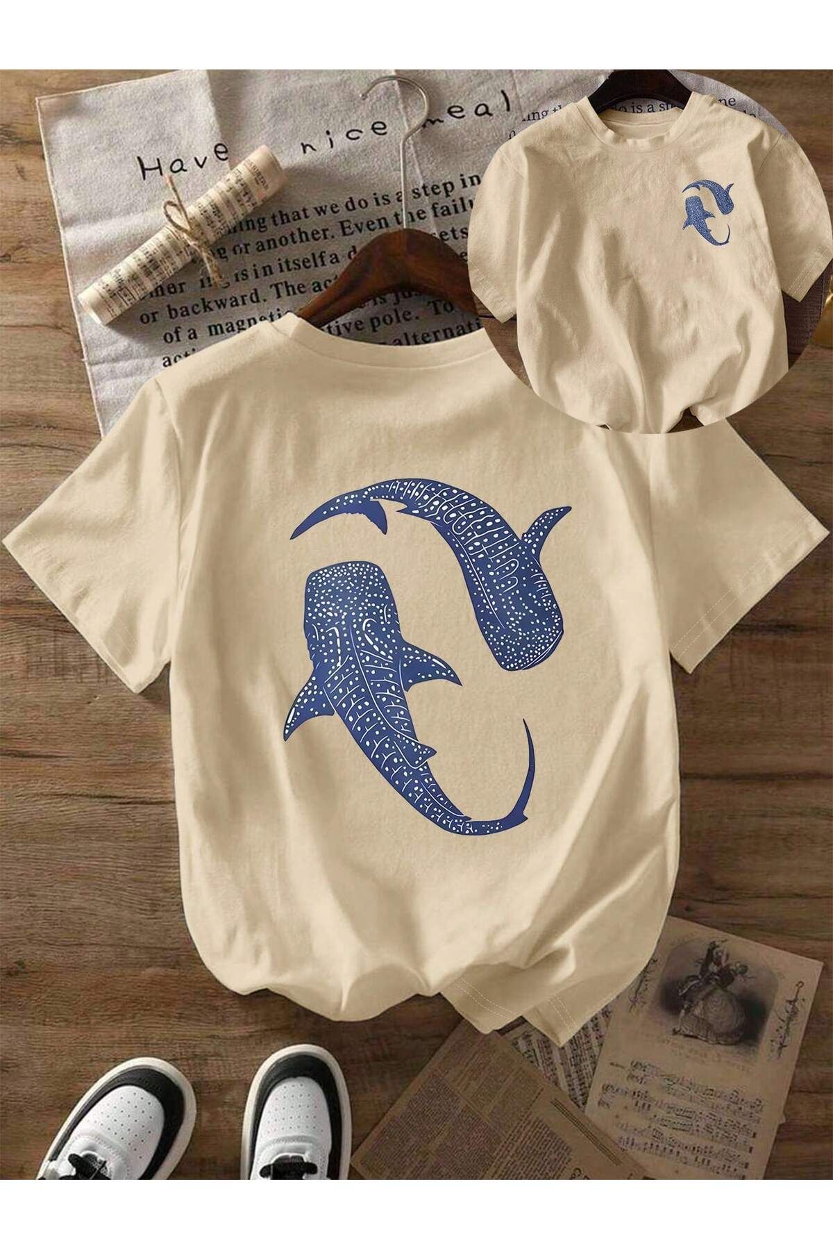 KEALVİ Koi Fishs Tişört - Bej Baskılı Oversize T-Shirt Bisiklet Yaka